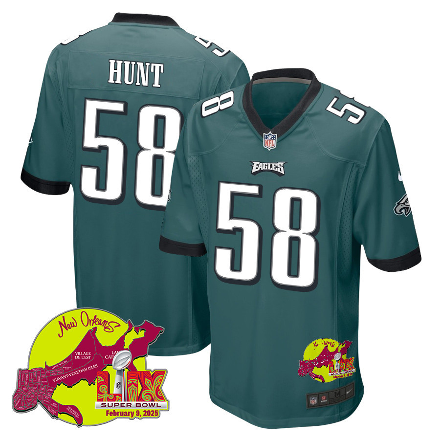 Jalyx Hunt 58 Philadelphia Eagles Super Bowl LIX New Orleans Patch Game Men Jersey - Midnight Green