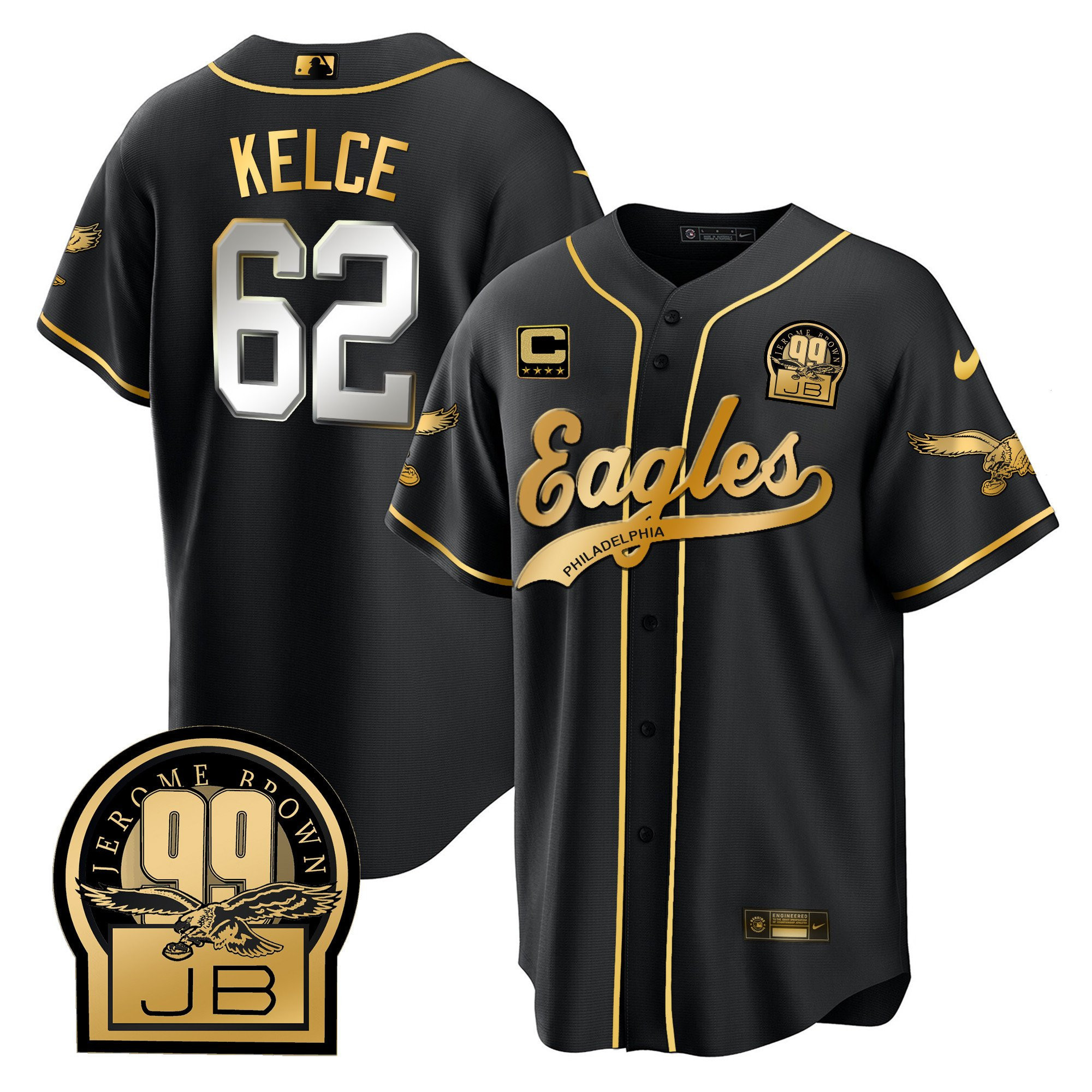 Jason Kelce 62 Philadelphia Eagles Jerome Brown Retired Patch Baseball Men Jersey - Black Limited