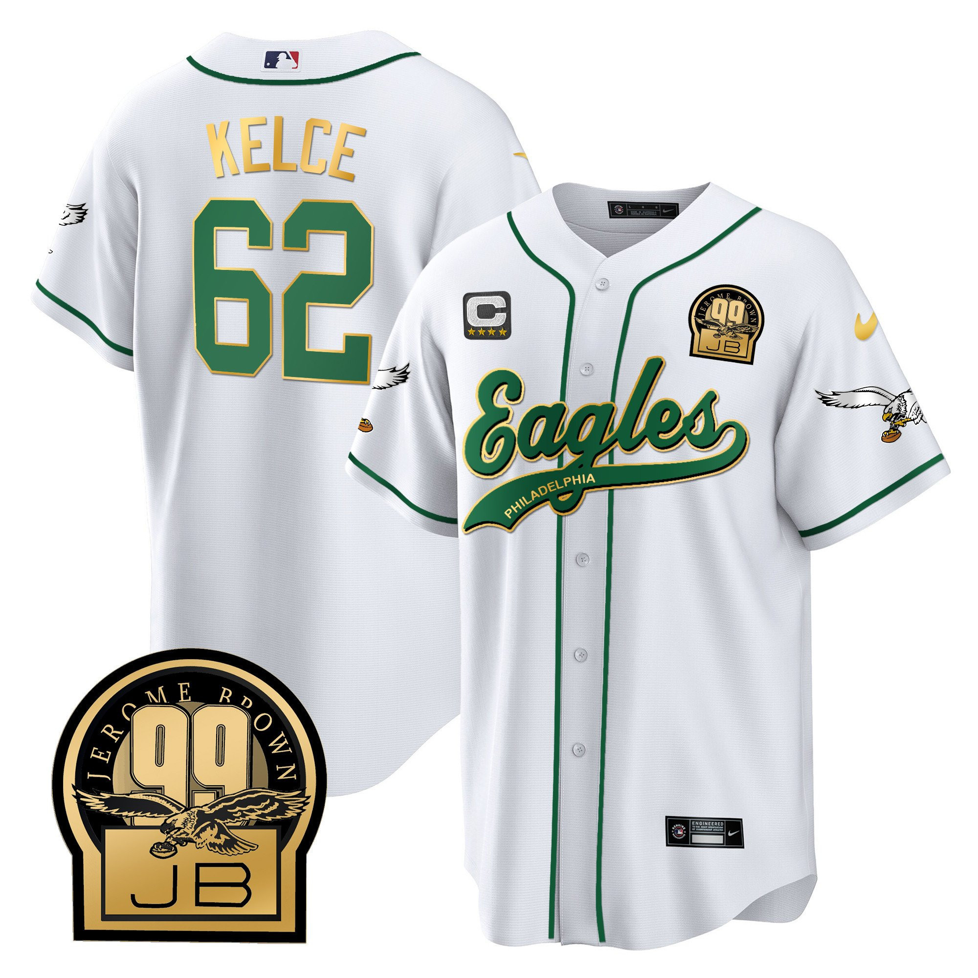 Jason Kelce 62 Philadelphia Eagles Jerome Brown Retired Patch Baseball Men Jersey - White Gold Trim