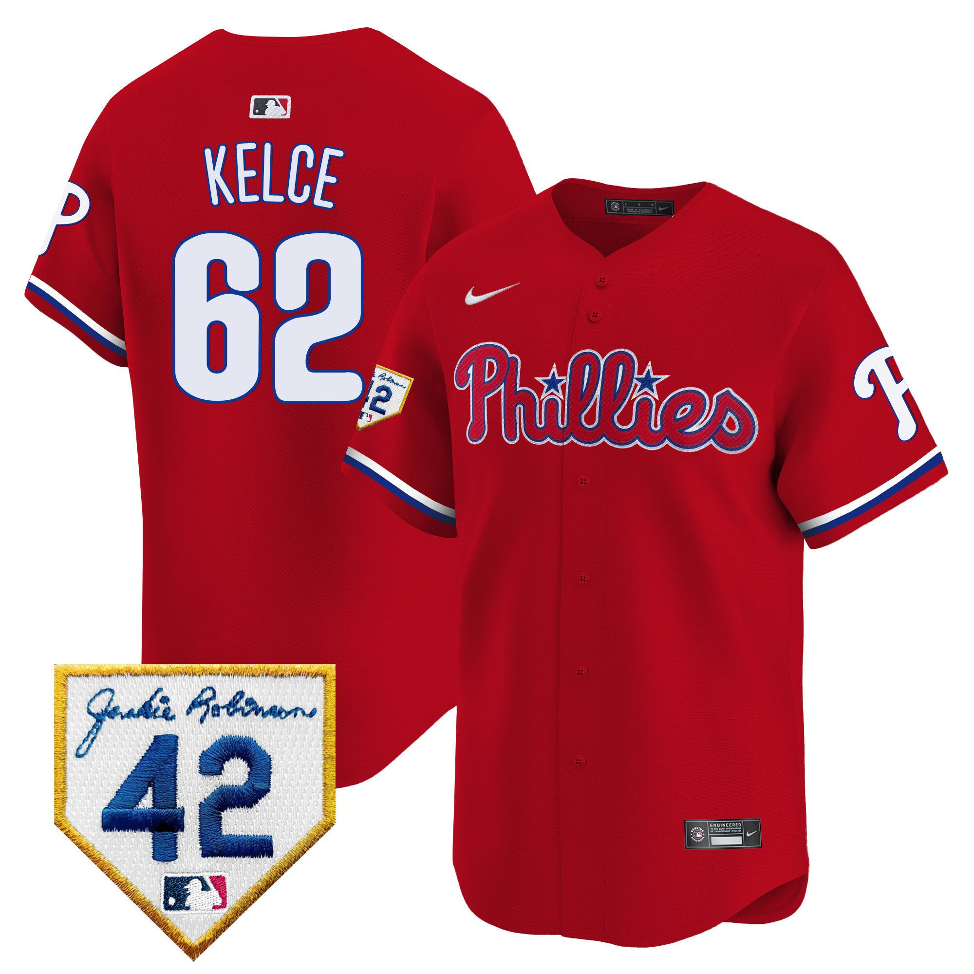 Jason Kelce 62 Philadelphia Phillies 2024 Jackie Robinson Patch Men Jersey - Red