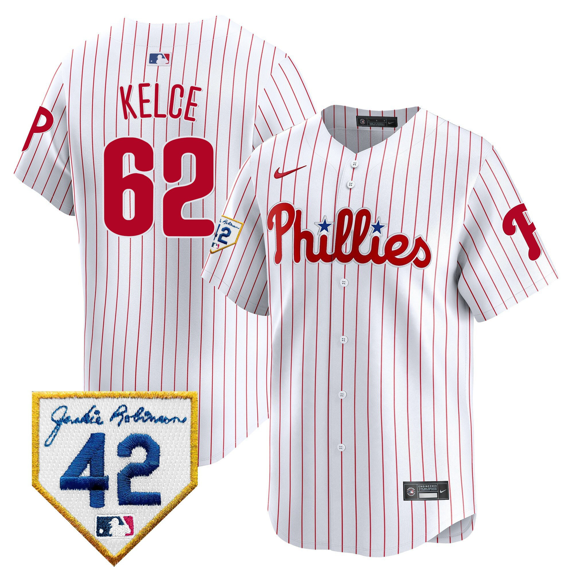 Jason Kelce 62 Philadelphia Phillies 2024 Jackie Robinson Patch Men Jersey - White