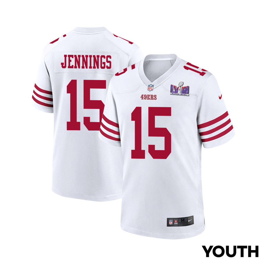 Jauan Jennings 15 San Francisco 49ers Super Bowl LVIII Patch Game YOUTH Jersey - White