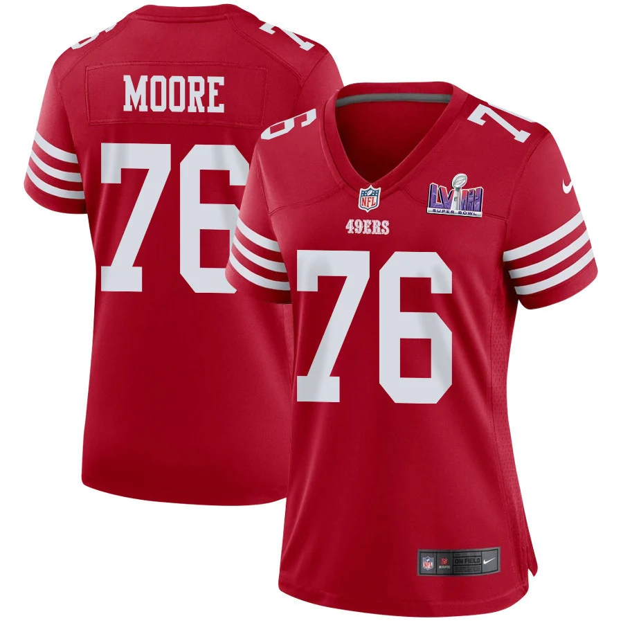 Jaylon Moore 76 San Francisco 49ers Super Bowl LVIII Patch Game Women Jersey - Scarlet