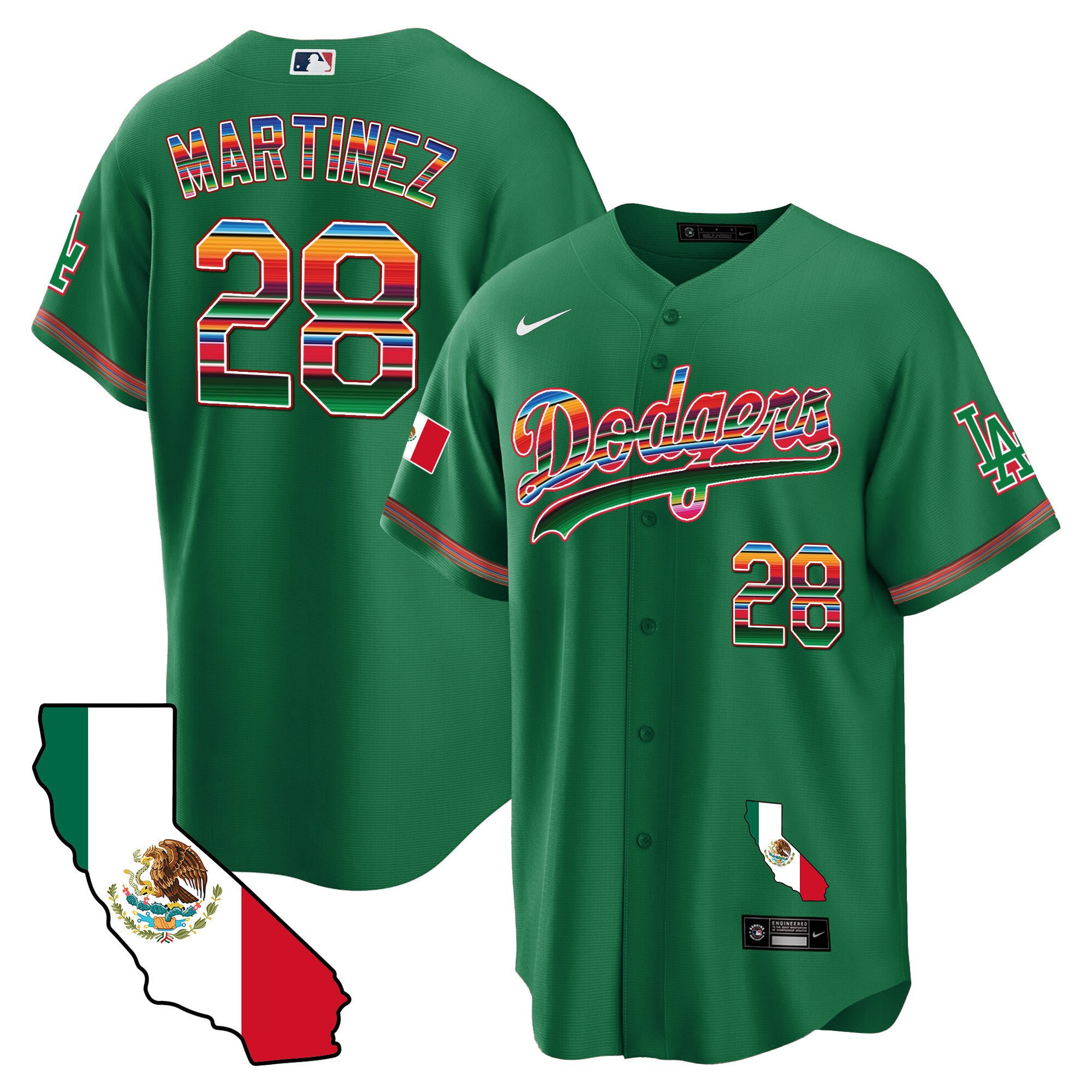 J.D. Martinez 28 Los Angeles Dodgers Mexico California Map Baseball Men Jersey - Green