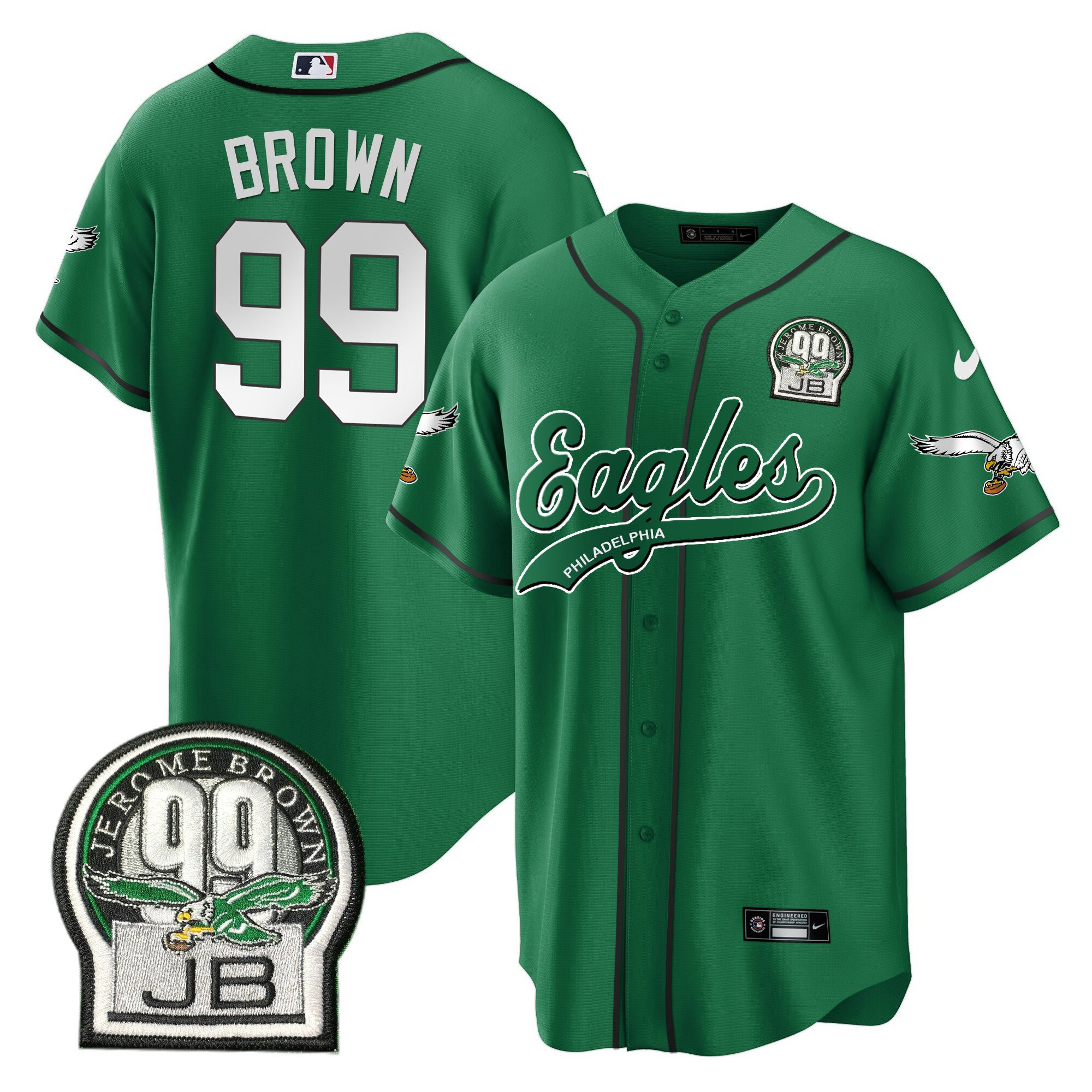 Jerome Brown 99 Philadelphia Eagles Jerome Brown Retired Patch Baseball Men Jersey - Kelly Green