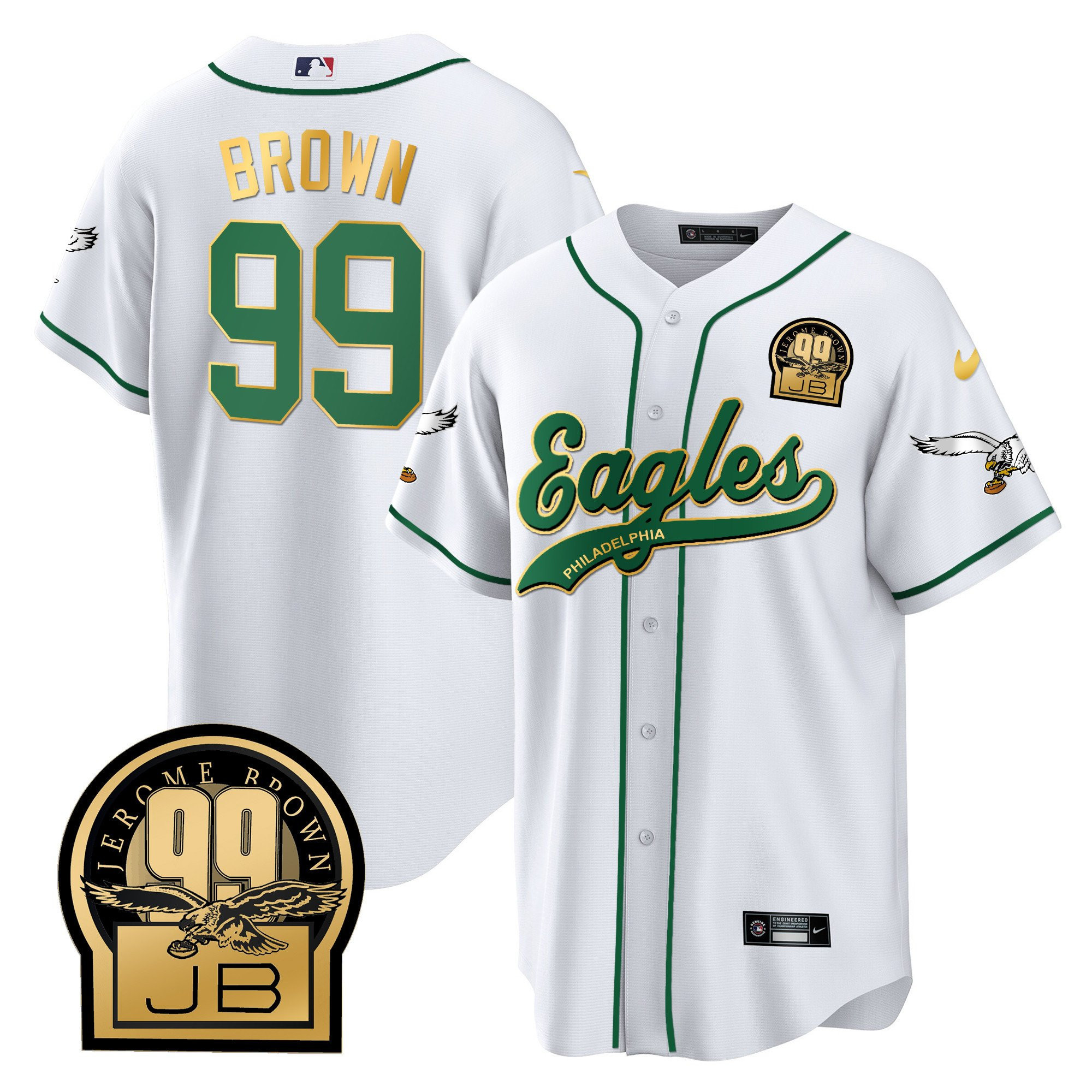 Jerome Brown 99 Philadelphia Eagles Jerome Brown Retired Patch Baseball Men Jersey - White Gold Trim