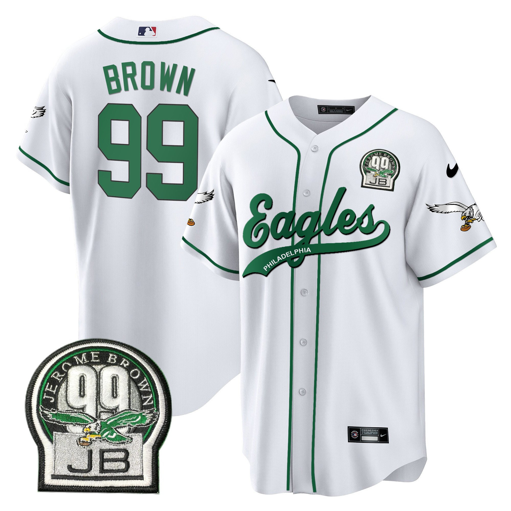 Jerome Brown 99 Philadelphia Eagles Jerome Brown Retired Patch Baseball Men Jersey - White