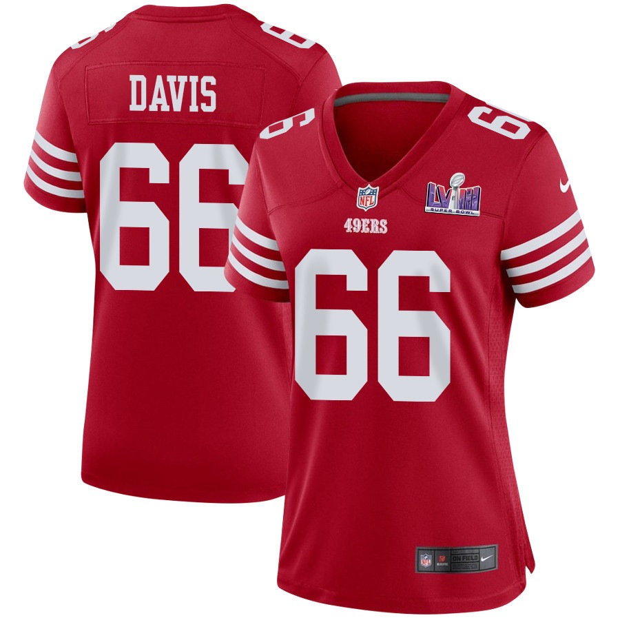 Jesse Davis 66 San Francisco 49ers Super Bowl LVIII Patch Game Women Jersey - Scarlet