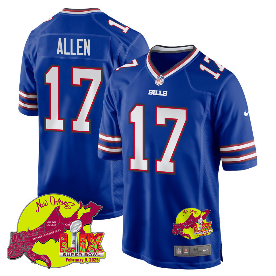 Josh Allen 17 Buffalo Bills Super Bowl LIX New Orleans Patch Game Men Jersey - Royal