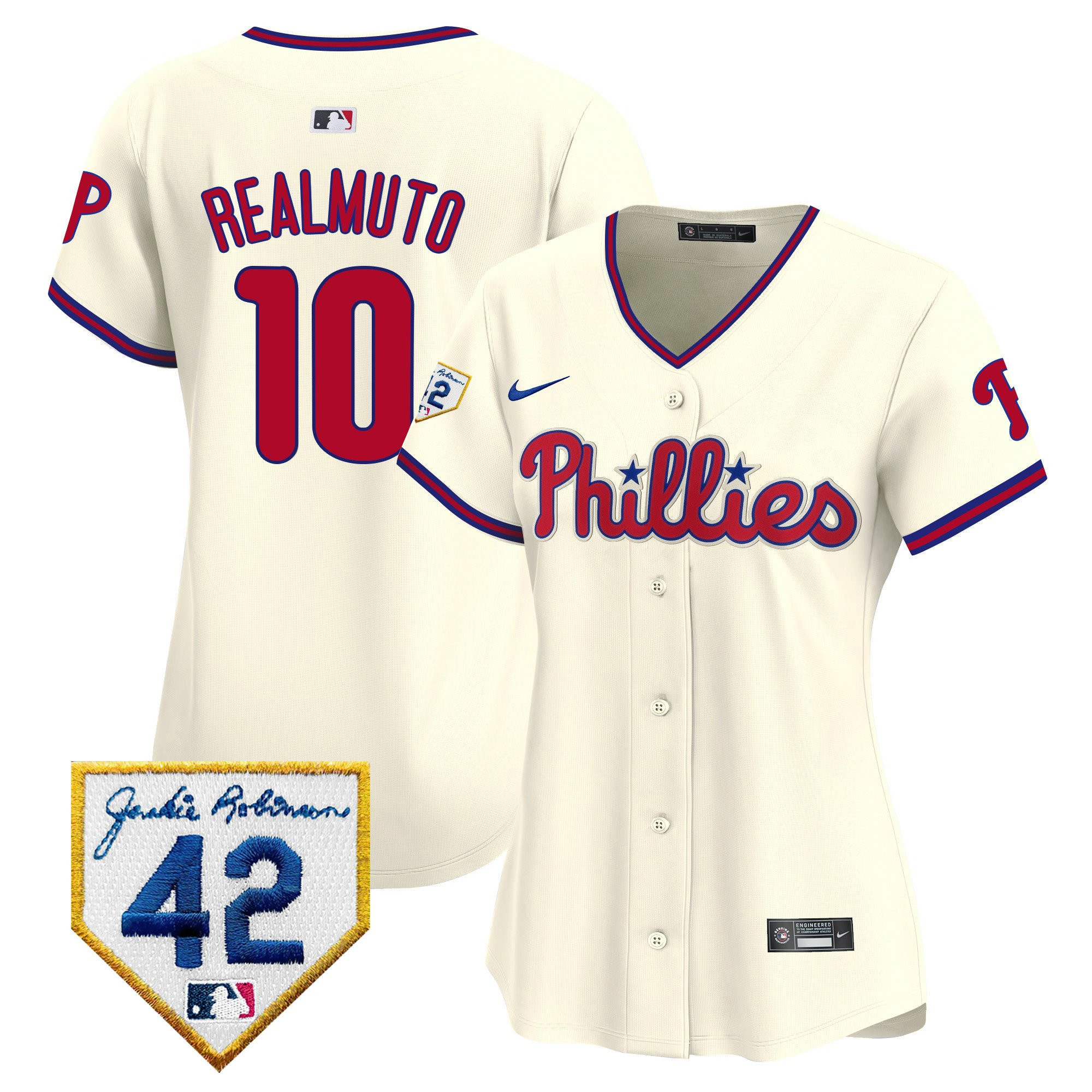 J.T. Realmuto 10 Philadelphia Phillies 2024 Jackie Robinson Patch Women Jersey - Cream