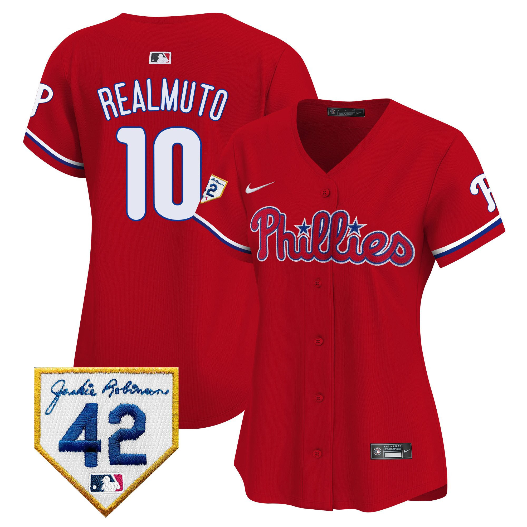 J.T. Realmuto 10 Philadelphia Phillies 2024 Jackie Robinson Patch Women Jersey - Red