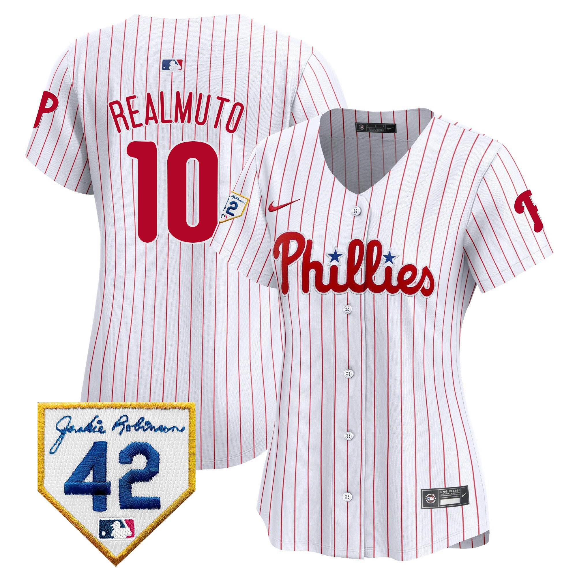 J.T. Realmuto 10 Philadelphia Phillies 2024 Jackie Robinson Patch Women Jersey - White