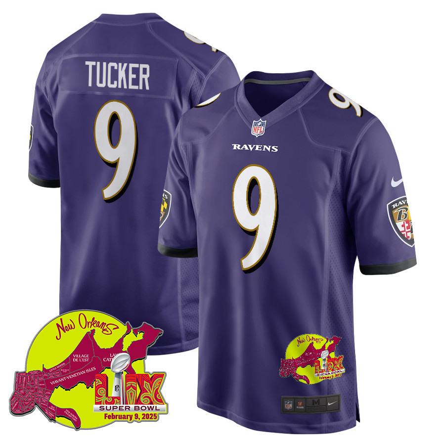 Justin Tucker 9 Baltimore Ravens Super Bowl LIX New Orleans Patch Game Men Jersey - Purple