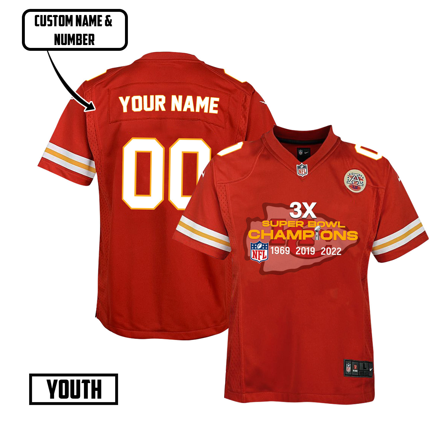 Kansas City Chiefs 3X Super Bowl Champions Jersey - Youth, Red