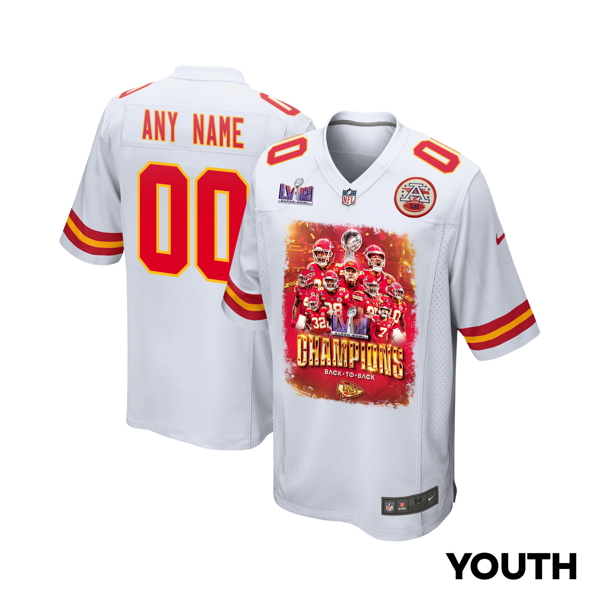 Kansas City Chiefs Super Bowl LVIII Back To Back Game YOUTH Jersey - White
