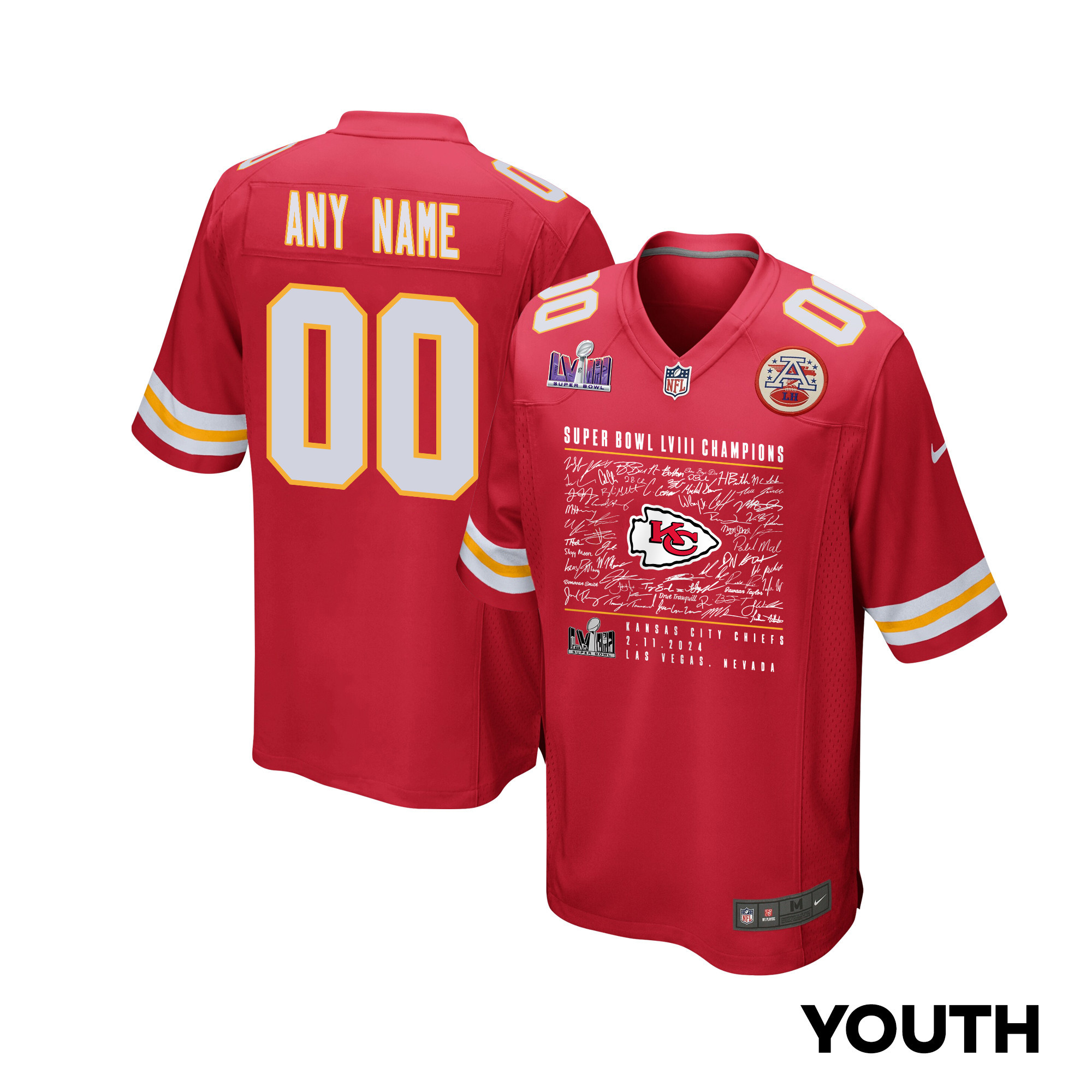 Kansas City Chiefs Super Bowl LVIII Champions Roster Autograph Signing Game YOUTH Jersey - Scarlet