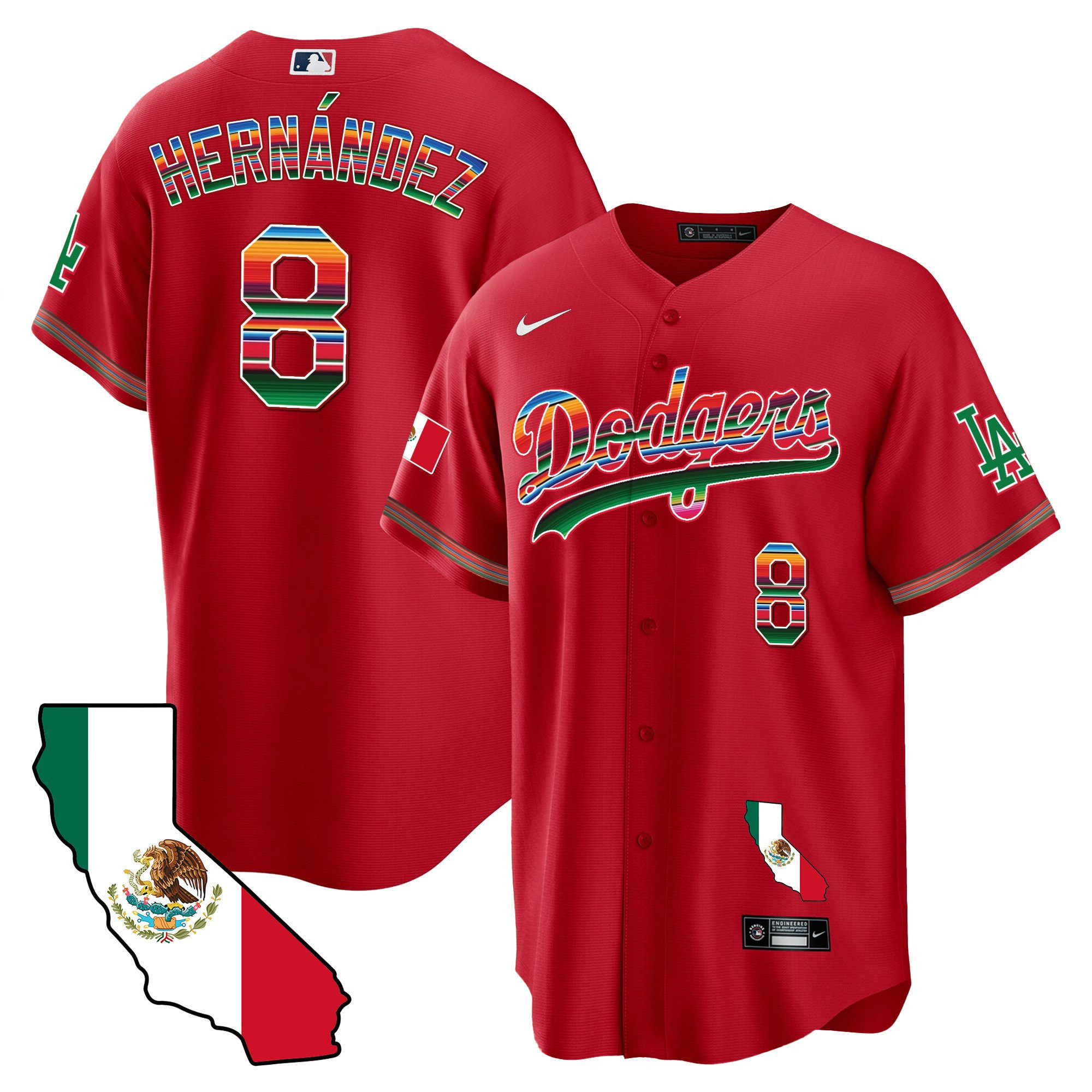 Kike Hernandez 8 Los Angeles Dodgers Mexico California Map Baseball Men Jersey - Red