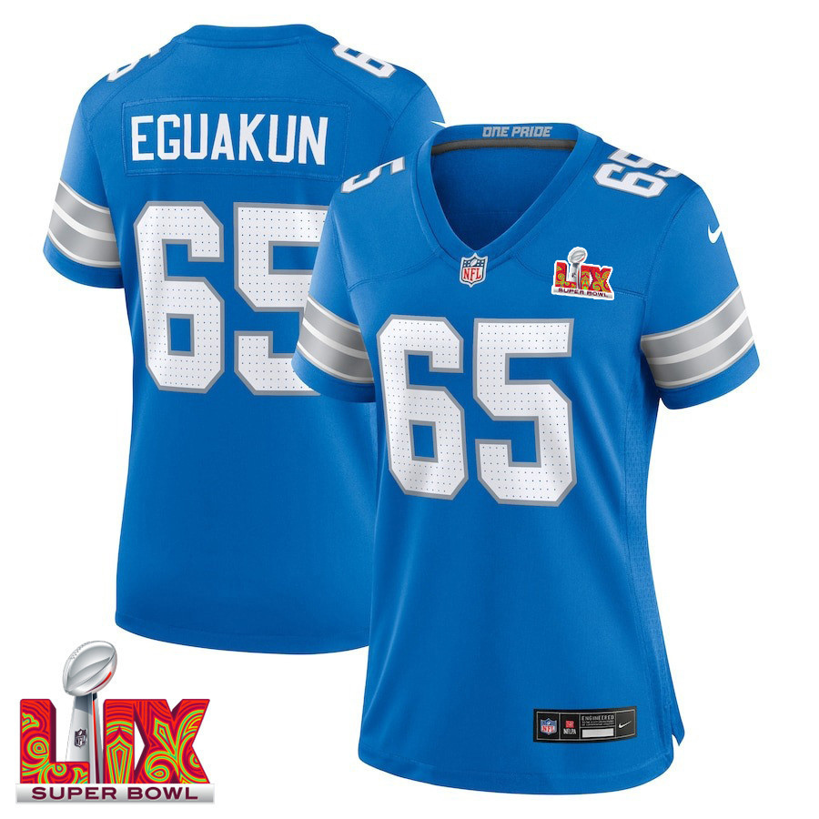 Kingsley Eguakun #65 Detroit Lions Super Bowl LIX Women's Jersey - Blue