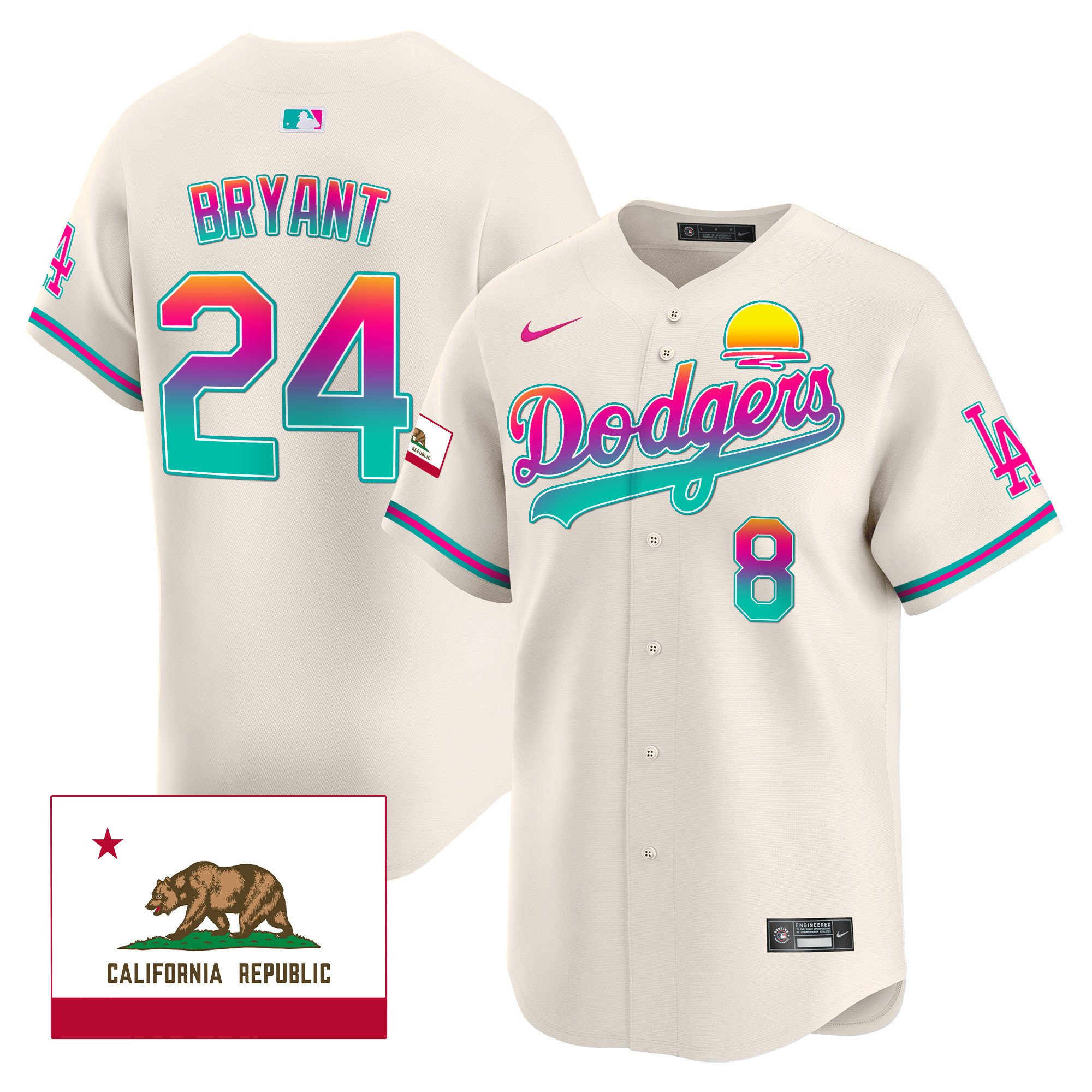Kobe Bryant 24 Los Angeles Dodgers 2024 Los Angeles City Style California Republic Patch Men Jersey - Cream