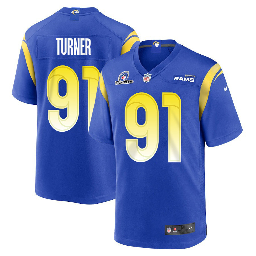 Kobie Turner 91 Los Angeles Rams 2023 Playoffs Patch Game Men Jersey - Royal