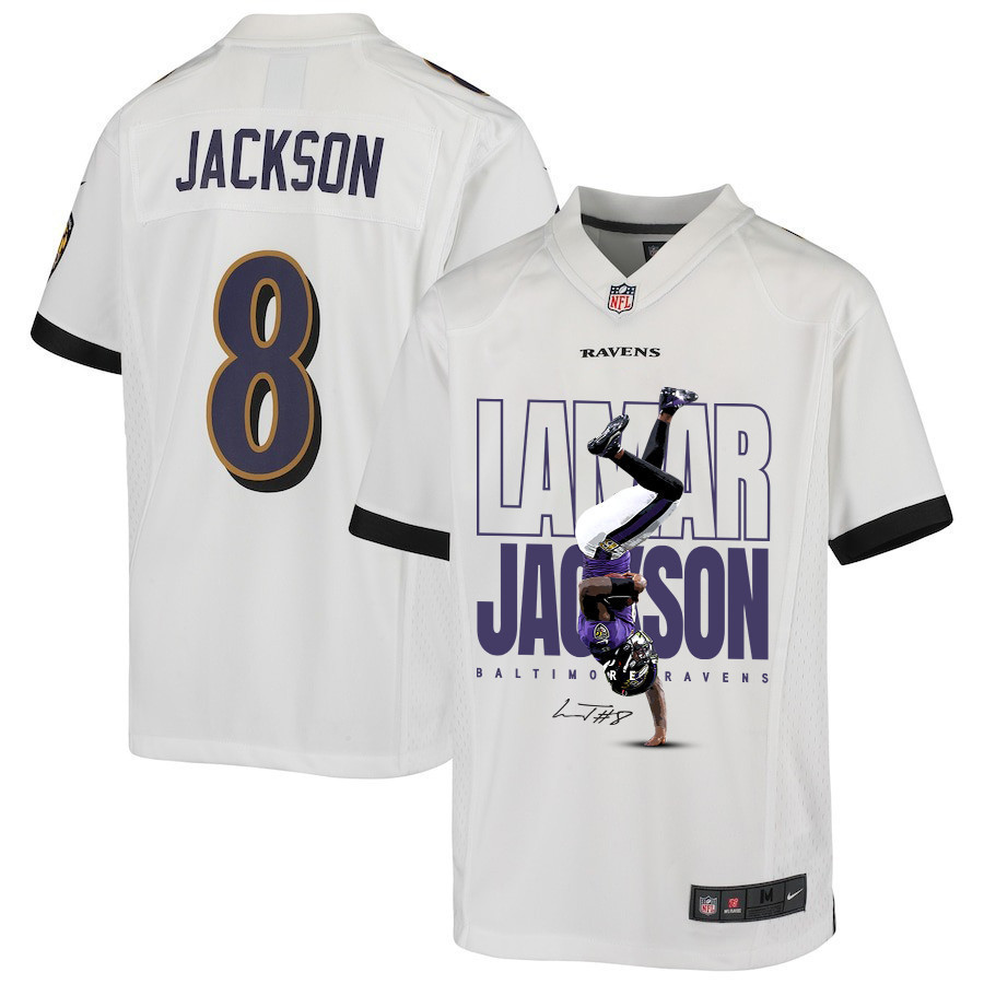 Lamar Jackson 8 Baltimore Ravens Lamar the Merrier Game YOUTH Jersey - White