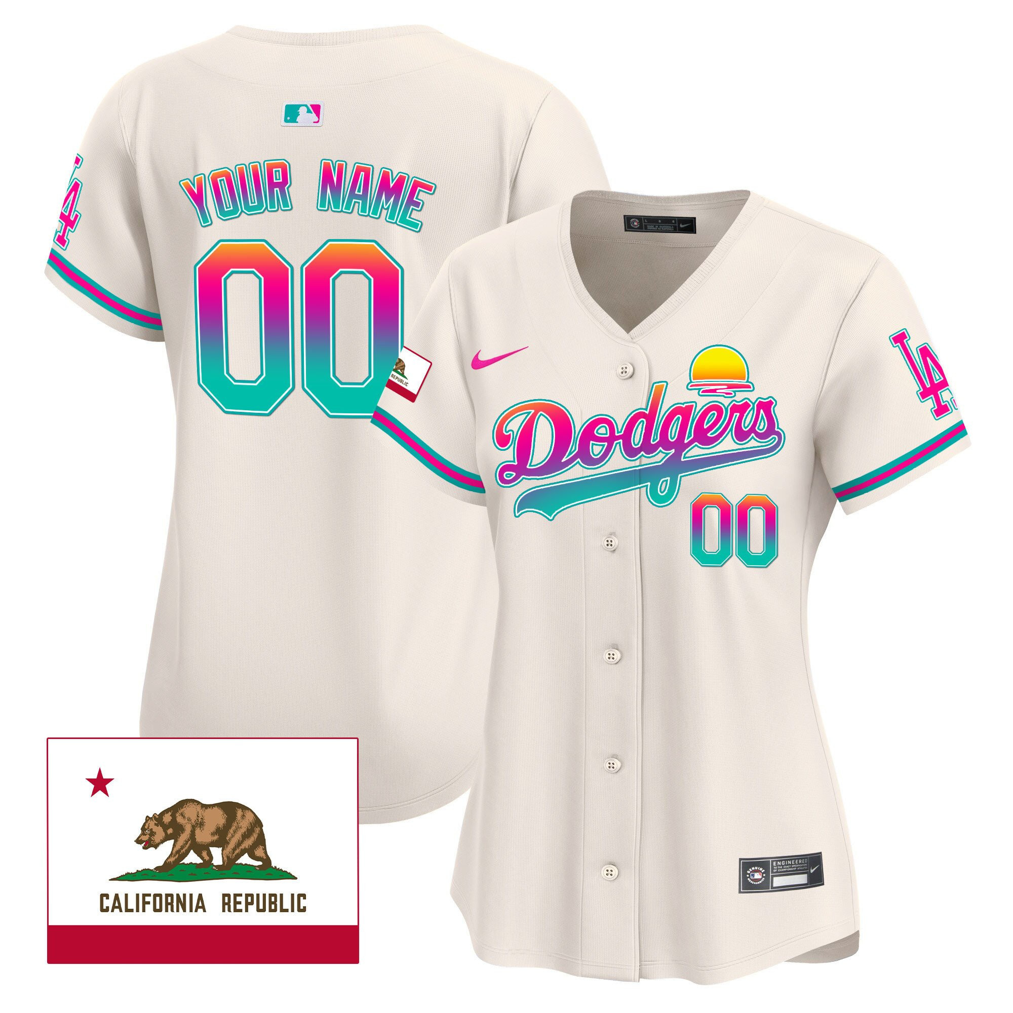 Los Angeles Dodgers 2024 Los Angeles City Style California Republic Patch Custom Women Jersey - Cream