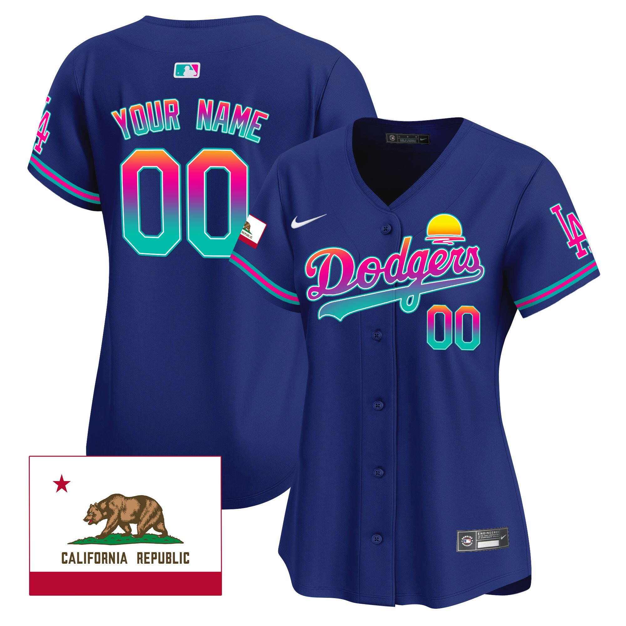 Los Angeles Dodgers 2024 Los Angeles City Style California Republic Patch Custom Women Jersey - Royal