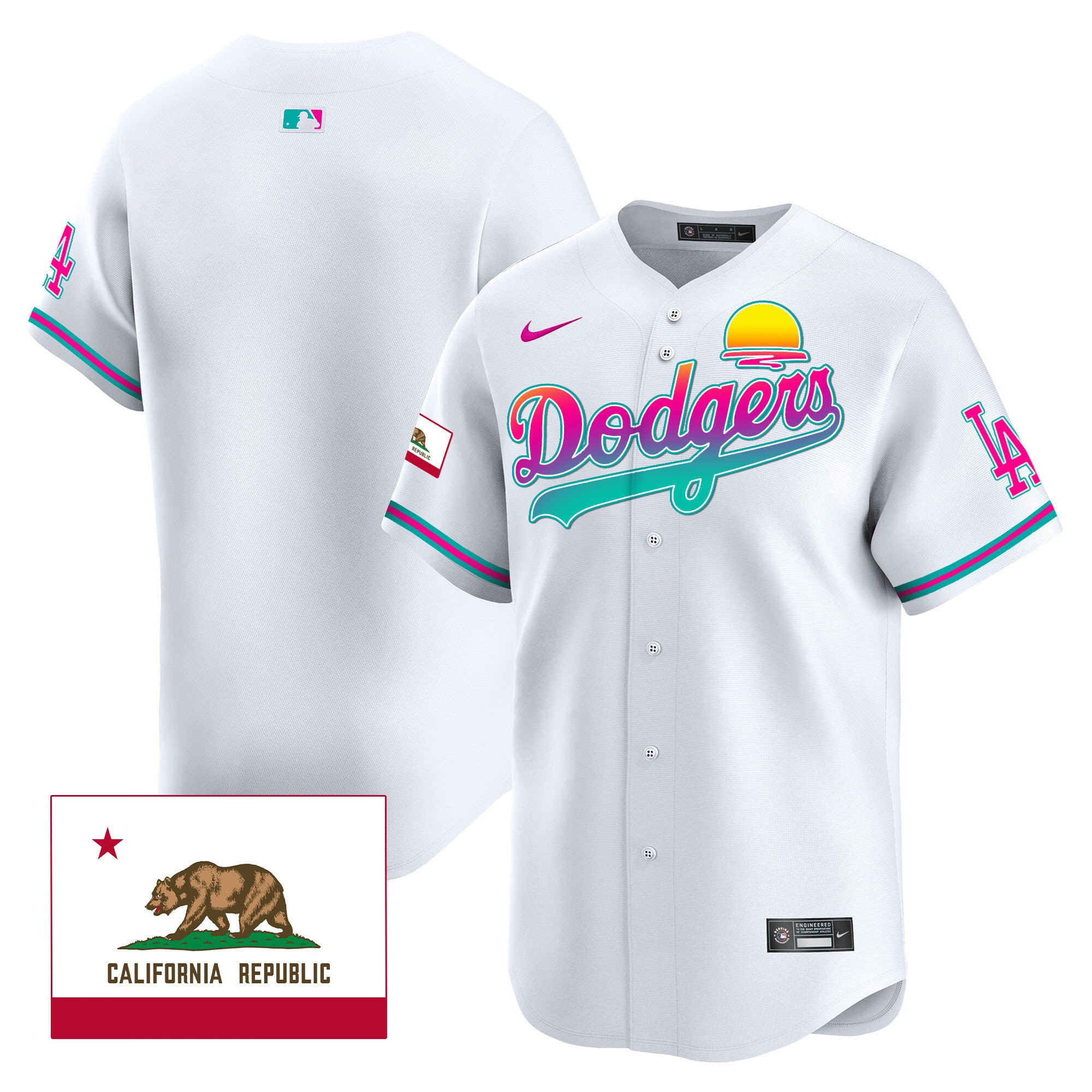 Los Angeles Dodgers 2024 Los Angeles City Style California Republic Patch Men Jersey - White