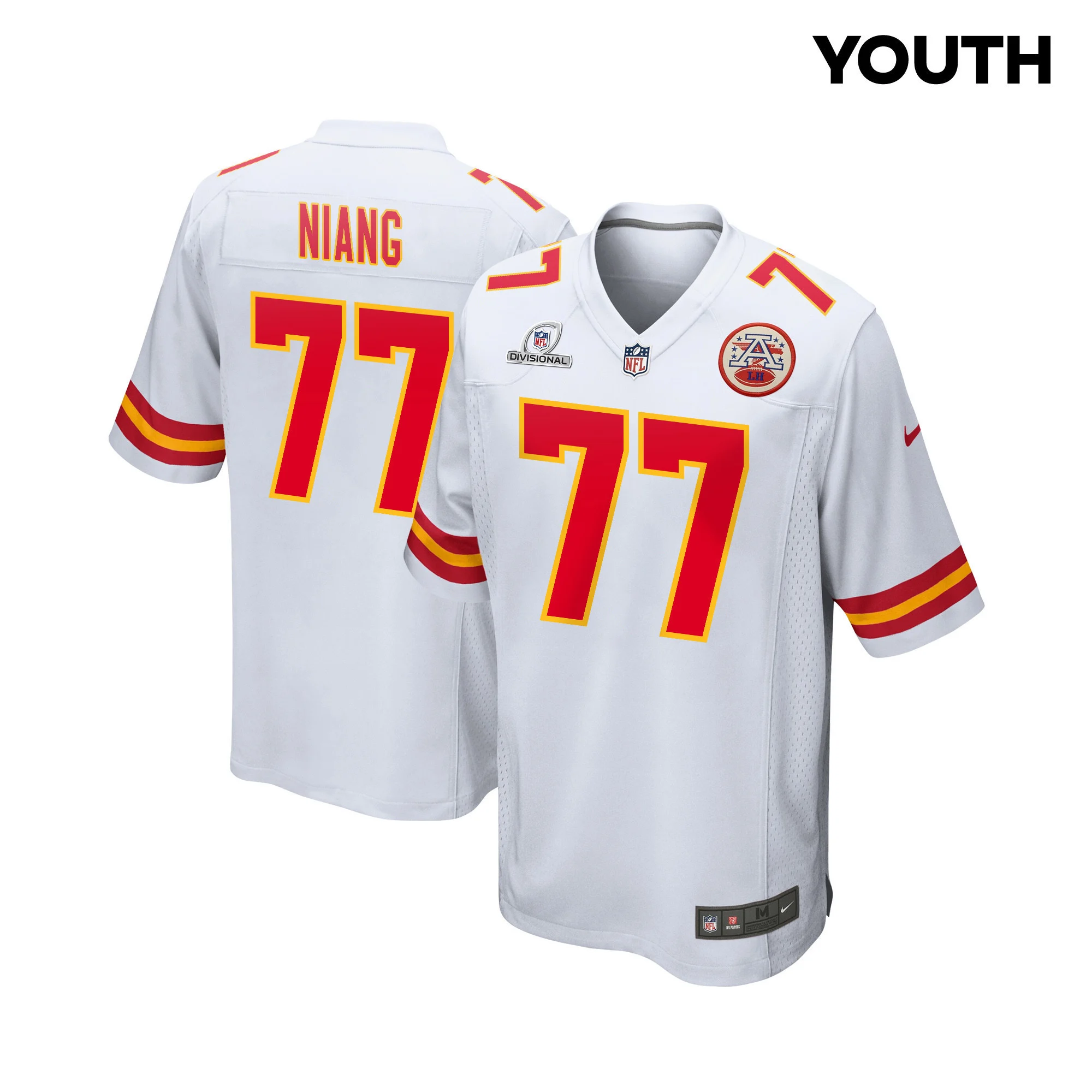 Lucas Niang 77 Kansas City Chiefs Super Bowl LVIII Patch Game YOUTH Jersey - White