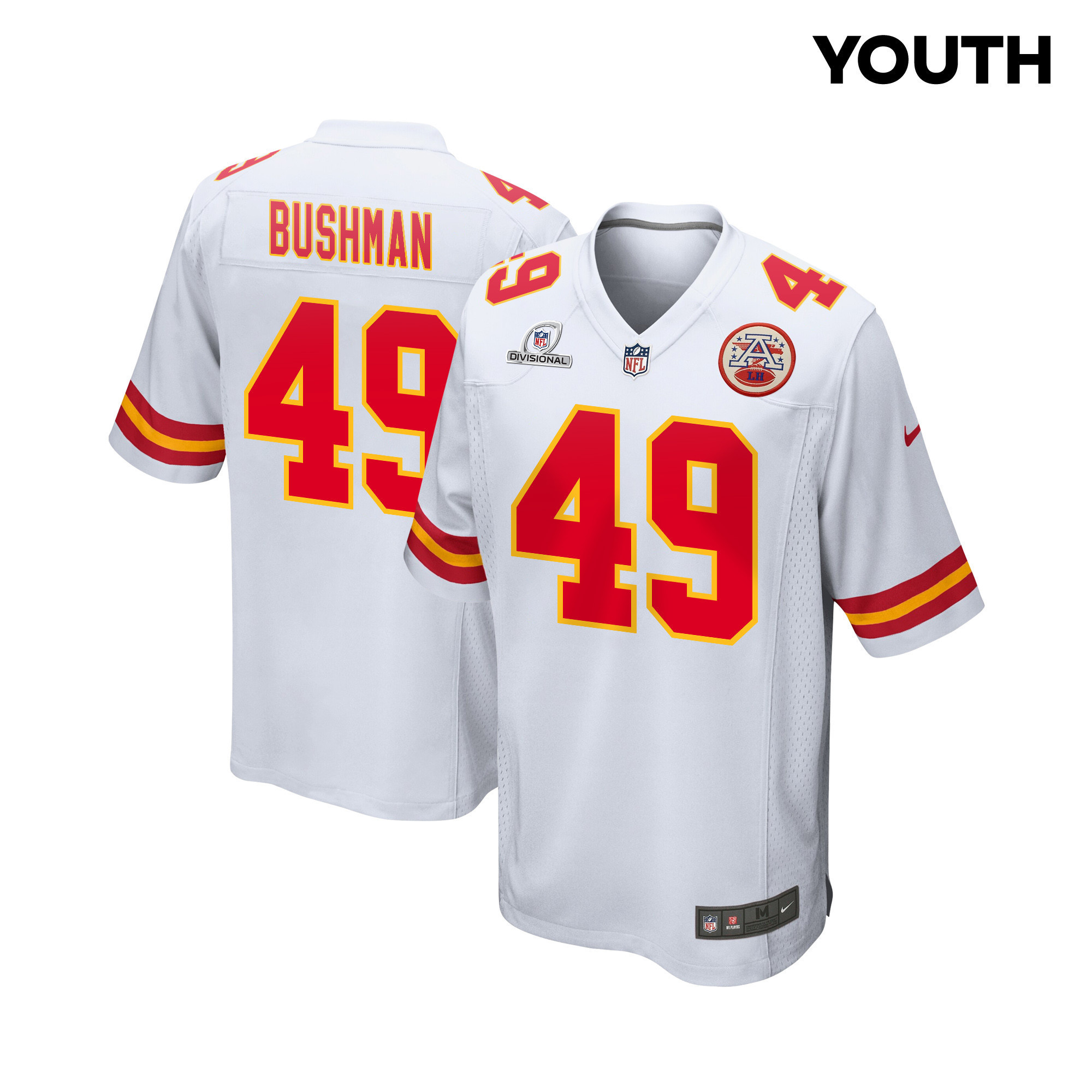 Matt Bushman 49 Kansas City Chiefs Super Bowl LVIII Patch Game YOUTH Jersey - White