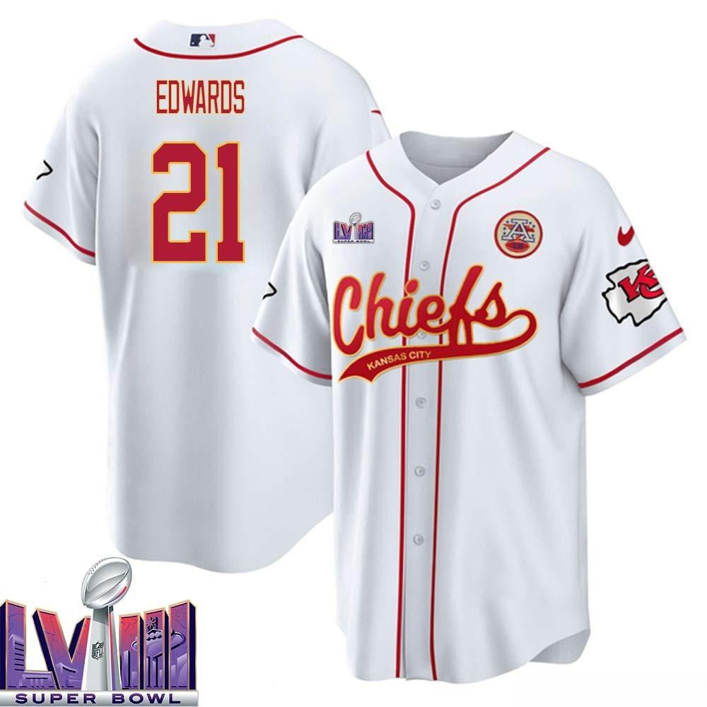 Mike Edwards 21 Kansas City Chiefs Super Bowl LVIII Baseball Men Jersey - White