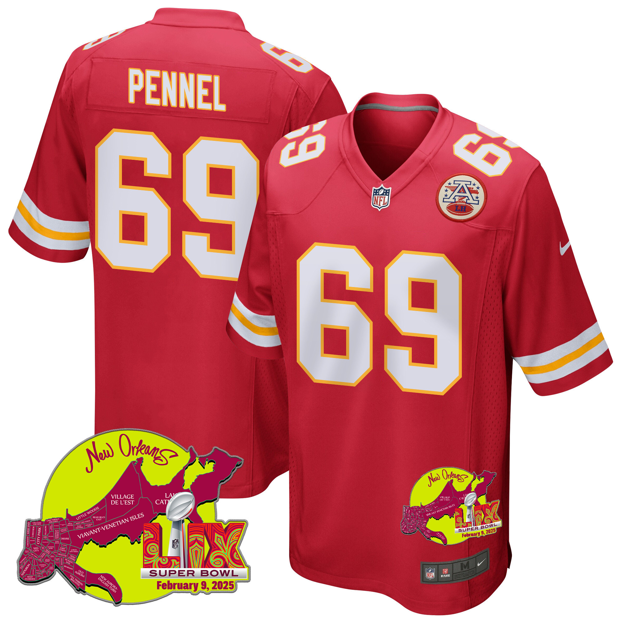 Mike Pennel 69 Kansas City Chiefs Super Bowl LIX New Orleans Patch Game Men Jersey - Red
