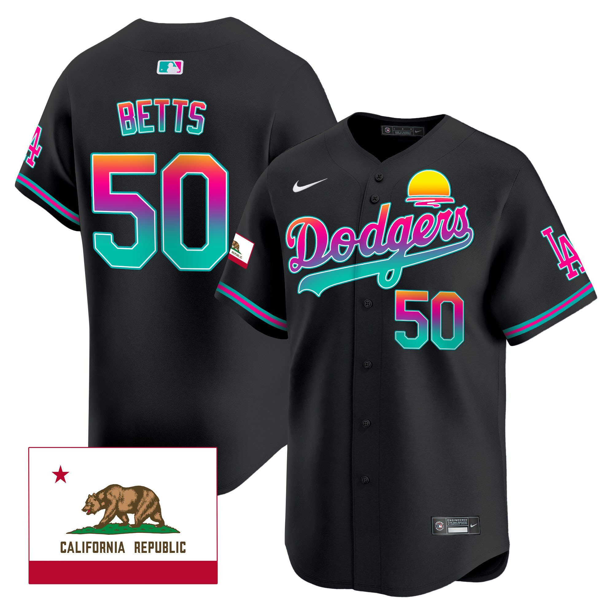 Mookie Betts 50 Los Angeles Dodgers 2024 Los Angeles City Style California Republic Patch Men Jersey - Black