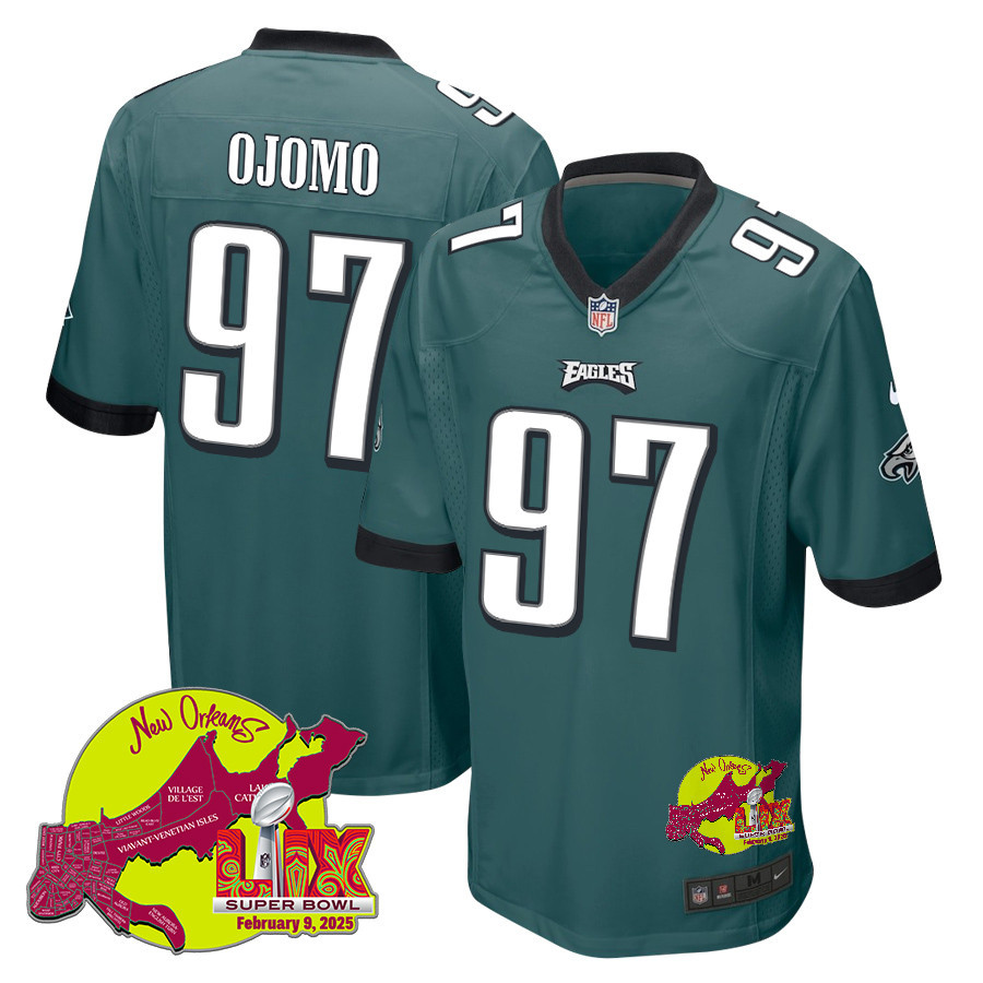Moro Ojomo 97 Philadelphia Eagles Super Bowl LIX New Orleans Patch Game Men Jersey - Midnight Green
