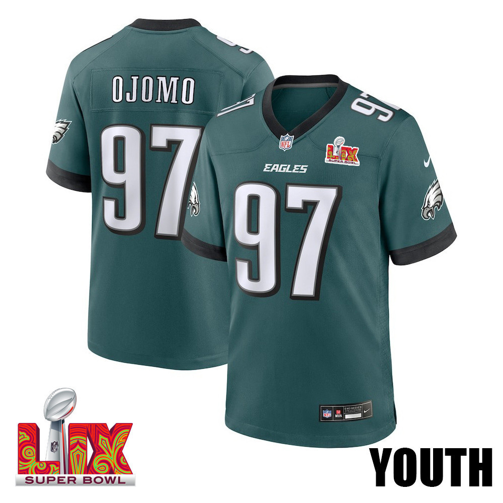Moro Ojomo #97 Philadelphia Eagles Super Bowl LIX YOUTH Jersey - Midnight Green