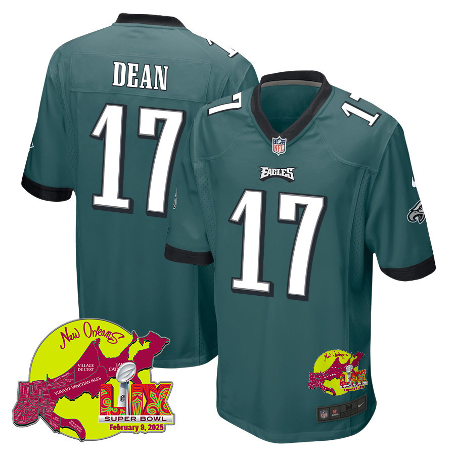 Nakobe Dean 17 Philadelphia Eagles Super Bowl LIX New Orleans Patch Game Men Jersey - Midnight Green