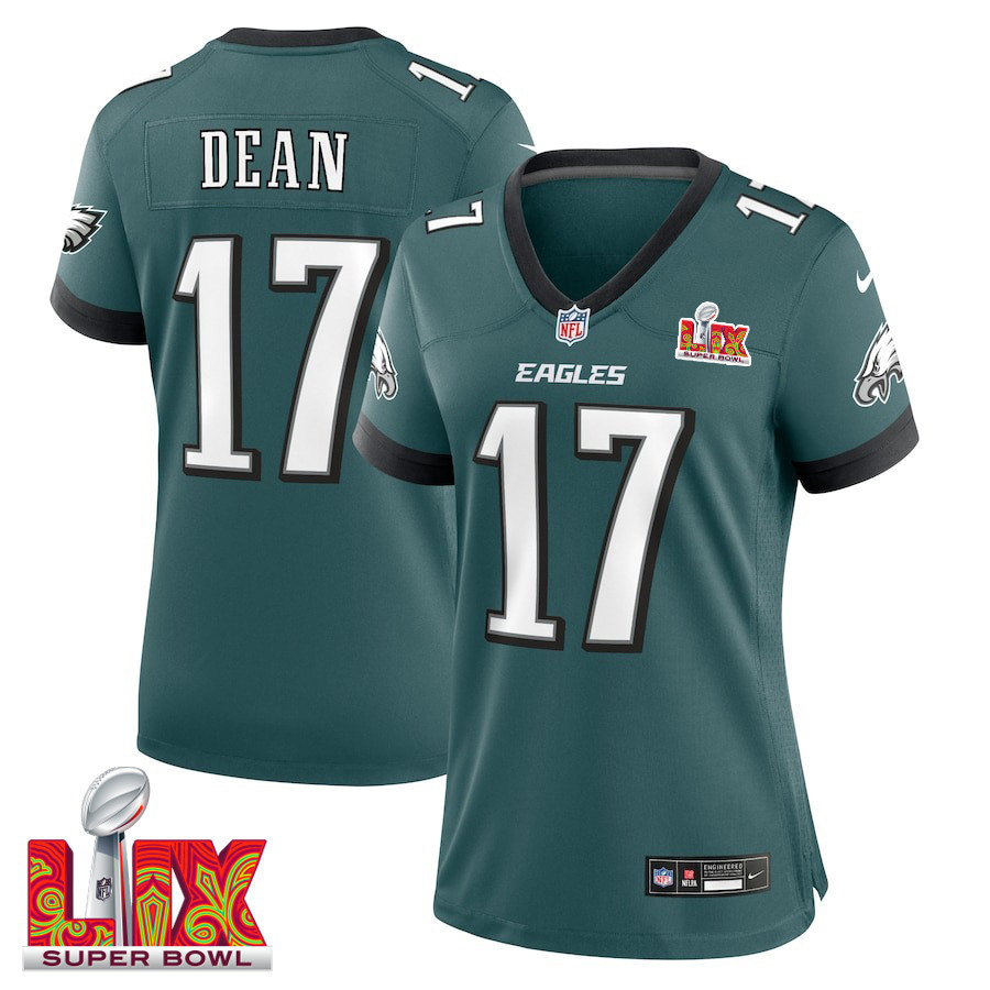 Nakobe Dean #17 Philadelphia Eagles Super Bowl LIX Women's Jersey - Midnight Green