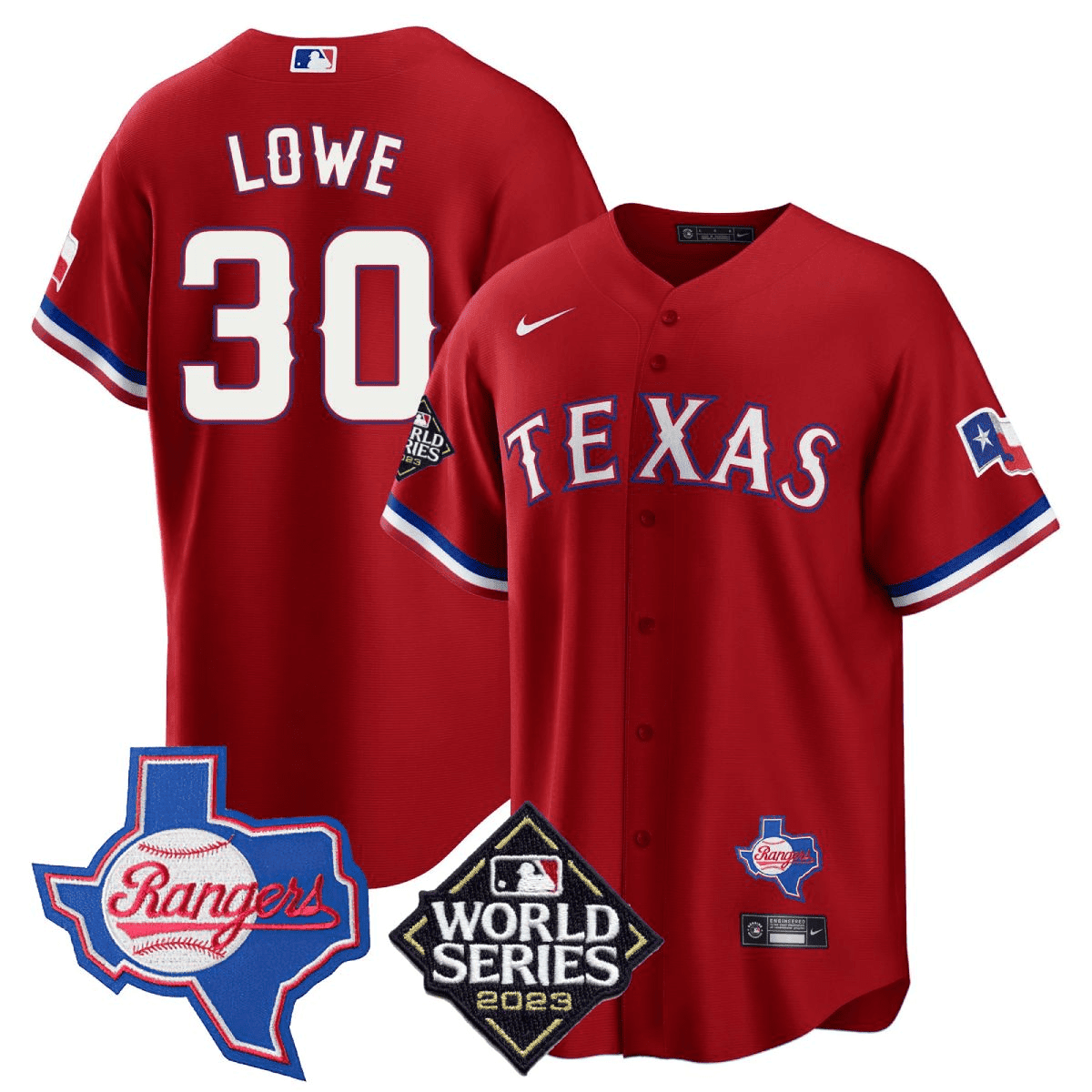 Nathaniel Lowe 30 Texas Rangers 2023 World Series & Texas State Patch Men Jersey - Red