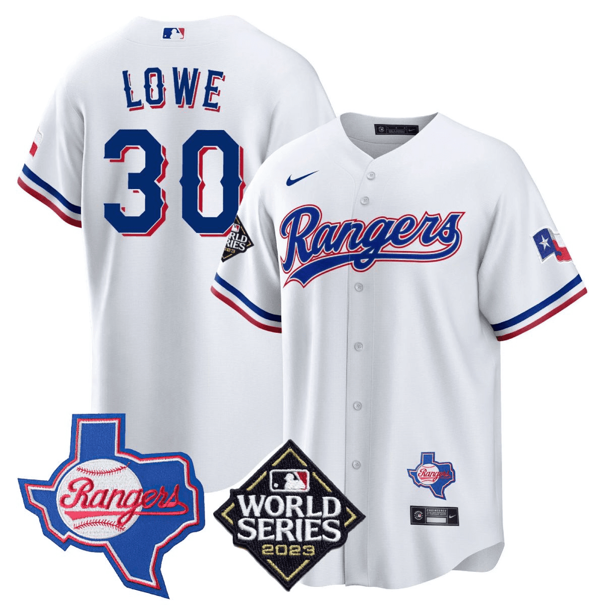 Nathaniel Lowe 30 Texas Rangers 2023 World Series & Texas State Patch Men Jersey - White