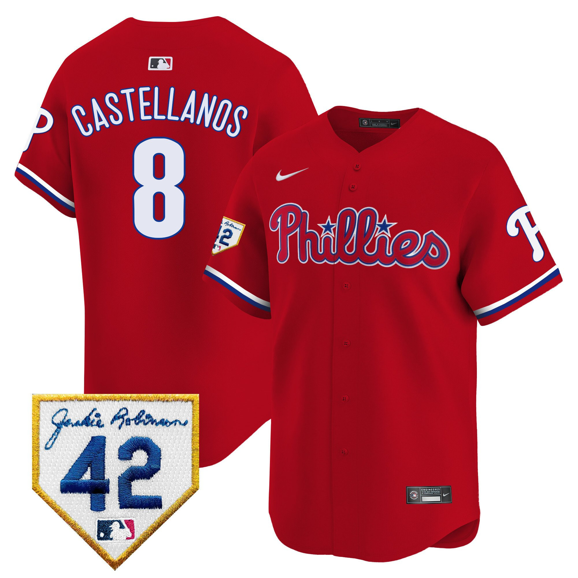 Nick Castellanos 8 Philadelphia Phillies 2024 Jackie Robinson Patch Men Jersey - Red