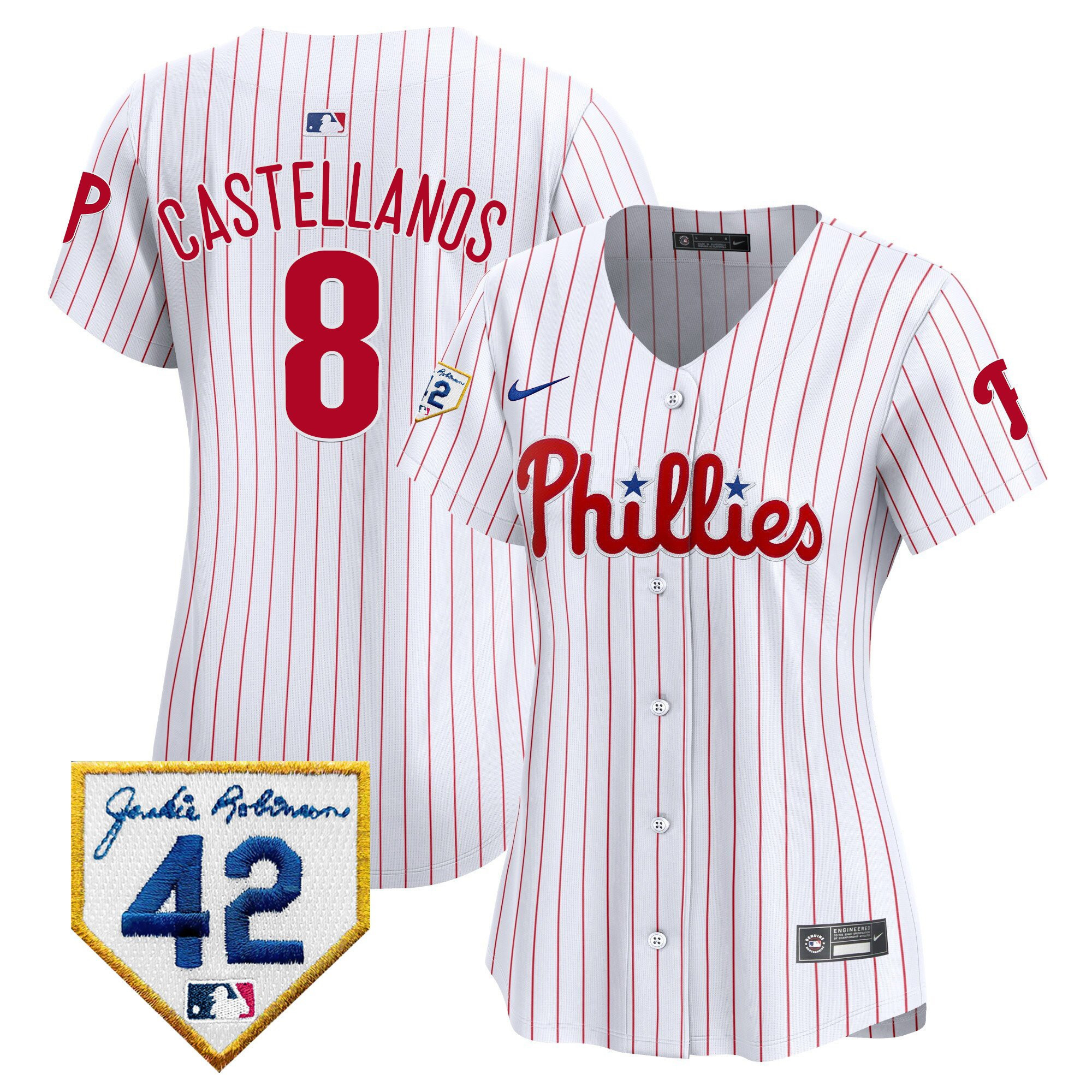 Nick Castellanos 8 Philadelphia Phillies 2024 Jackie Robinson Patch Women Jersey - White