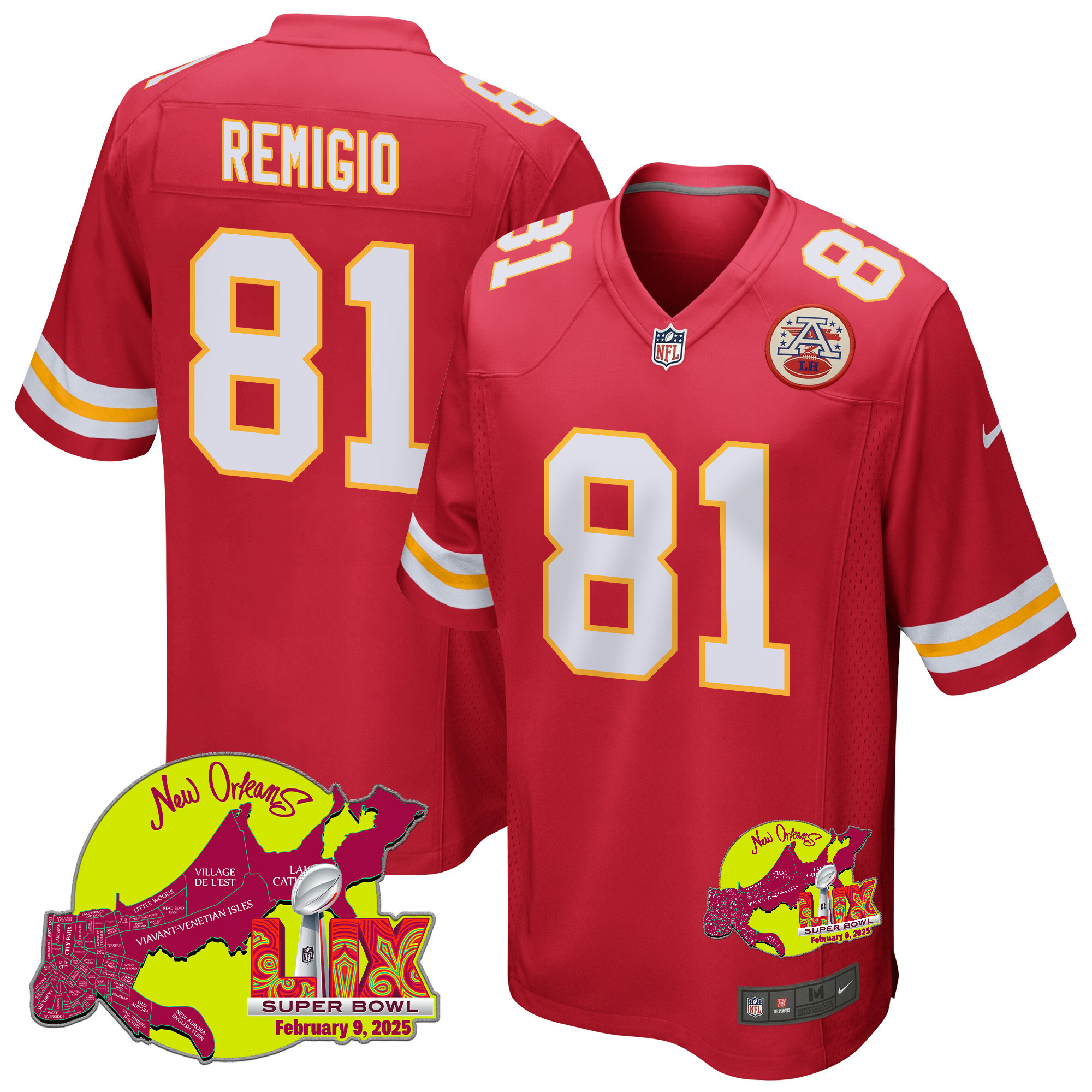 Nikko Remigio 81 Kansas City Chiefs Super Bowl LIX New Orleans Patch Game Men Jersey - Red