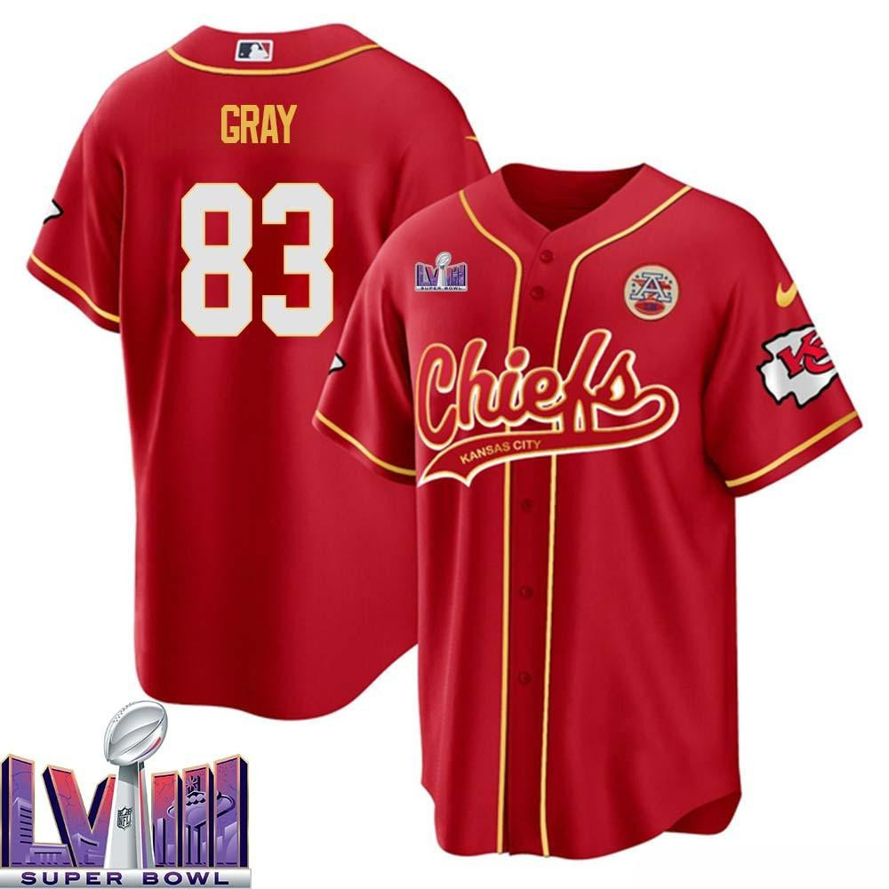 Noah Gray 83 Kansas City Chiefs Super Bowl LVIII Baseball Men Jersey - Red