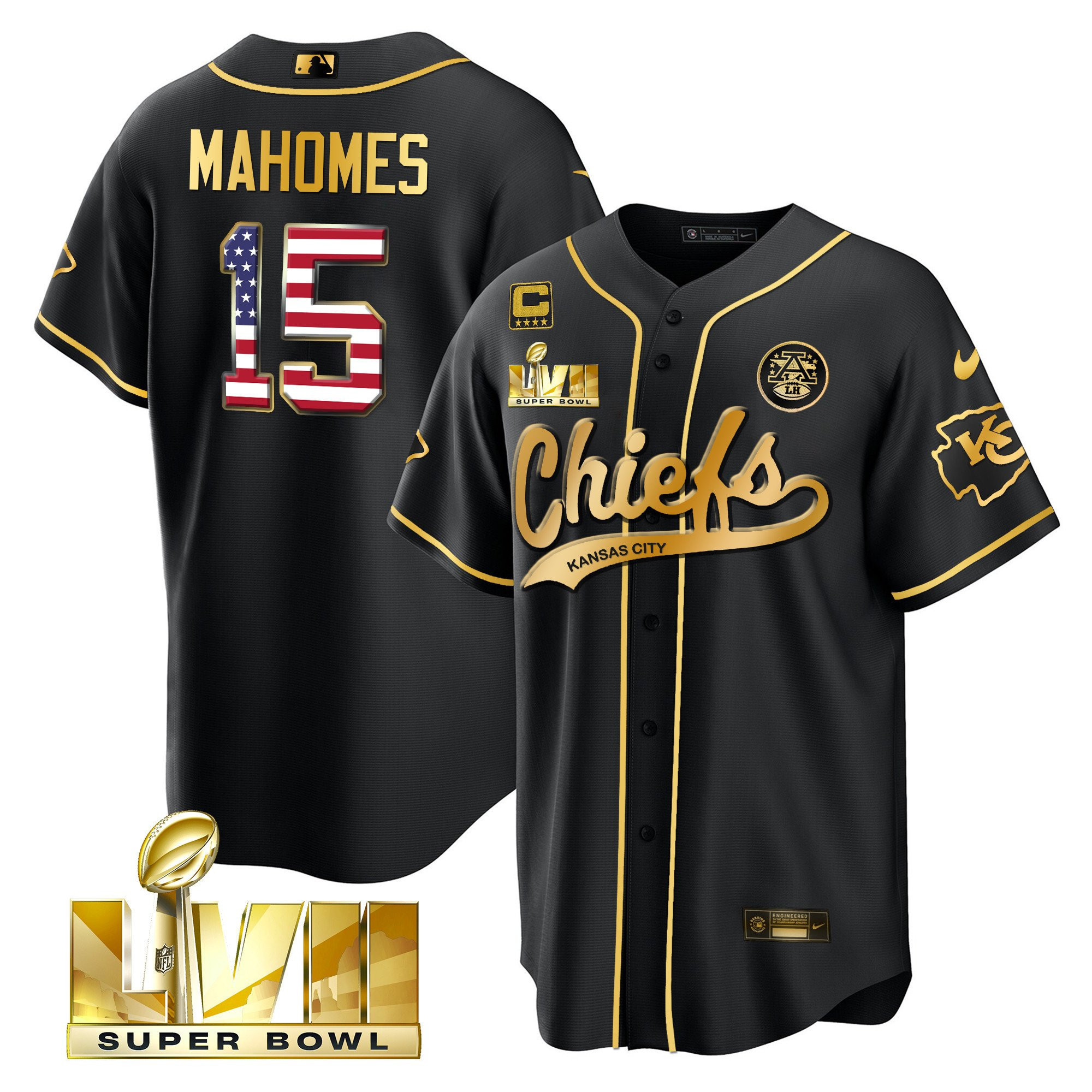 Patrick Mahomes 15 Kansas City Chiefs Super Bowl LVII Patch Flag Men Jersey - Black Limited