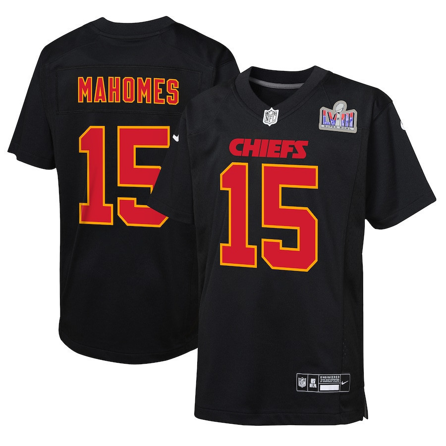 Patrick Mahomes 15 Kansas City Chiefs Super Bowl LVIII Patch Fashion Game YOUTH Jersey - Carbon Black