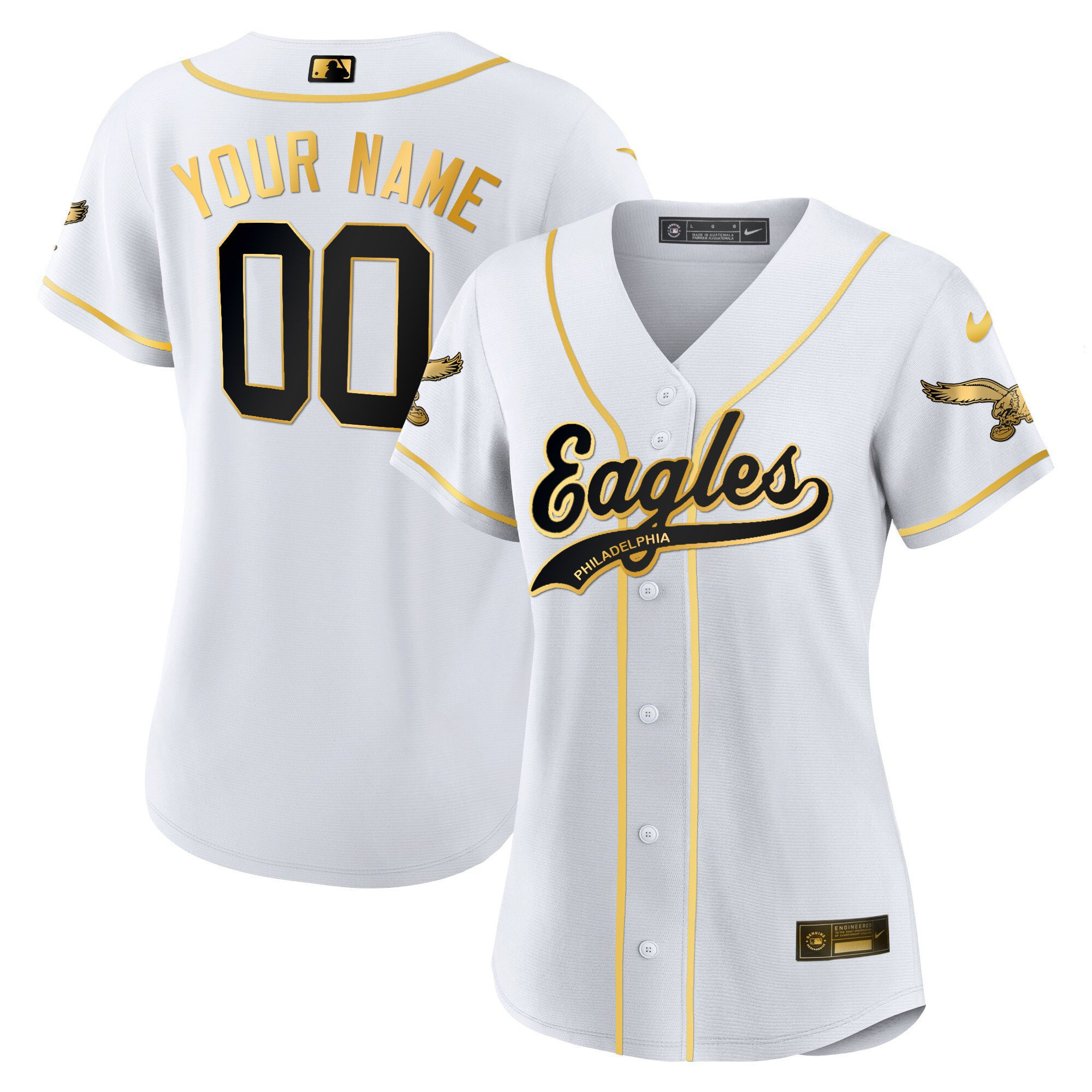 Philadelphia Eagles Baseball Custom Women Jersey - White Gold