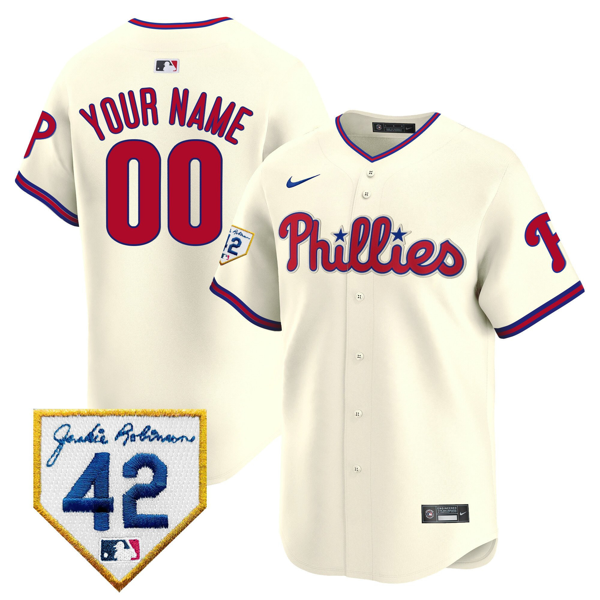 Philadelphia Phillies 2024 Jackie Robinson Patch Custom Men Jersey - Cream