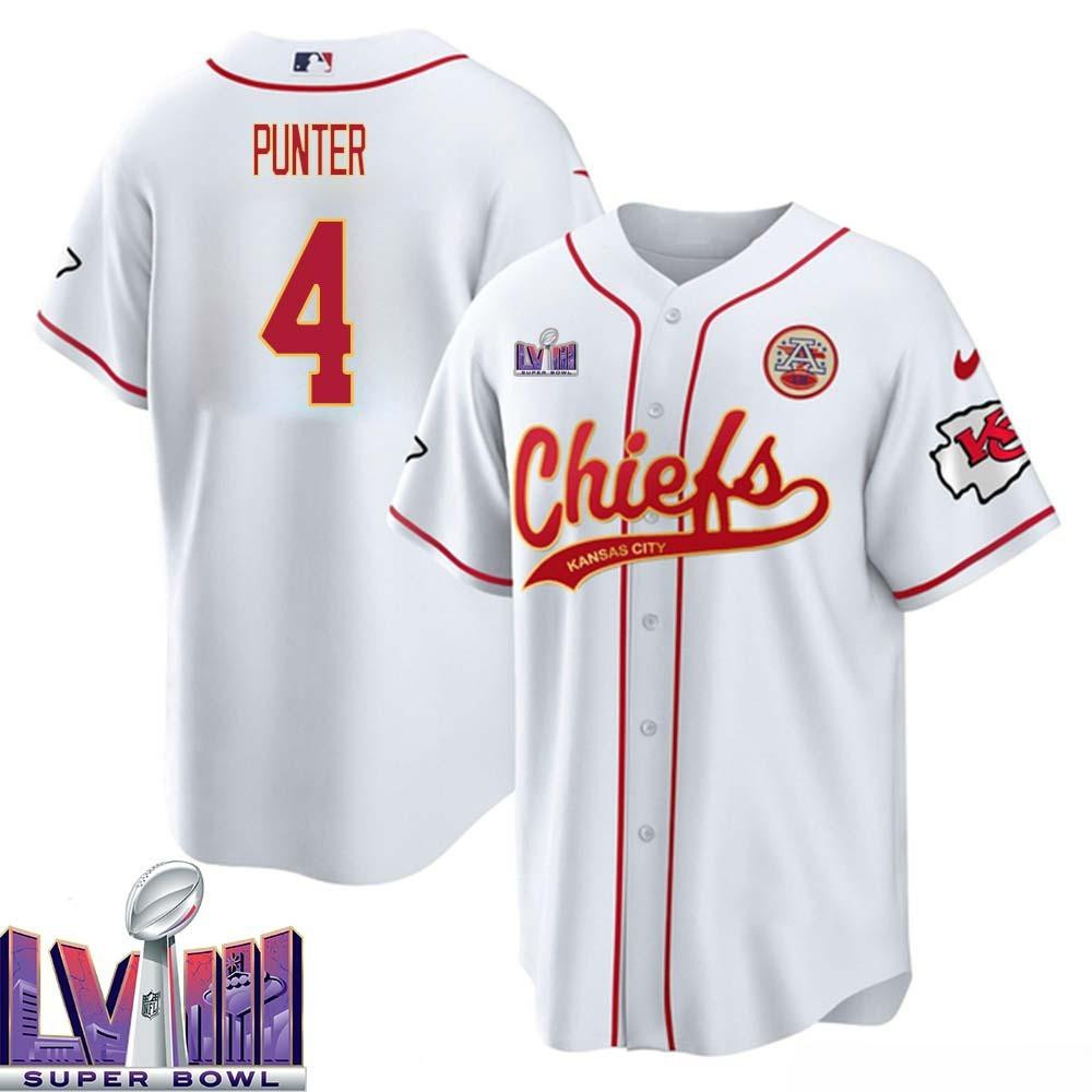 Punter 4 Kansas City Chiefs Super Bowl LVIII Baseball Men Jersey - White