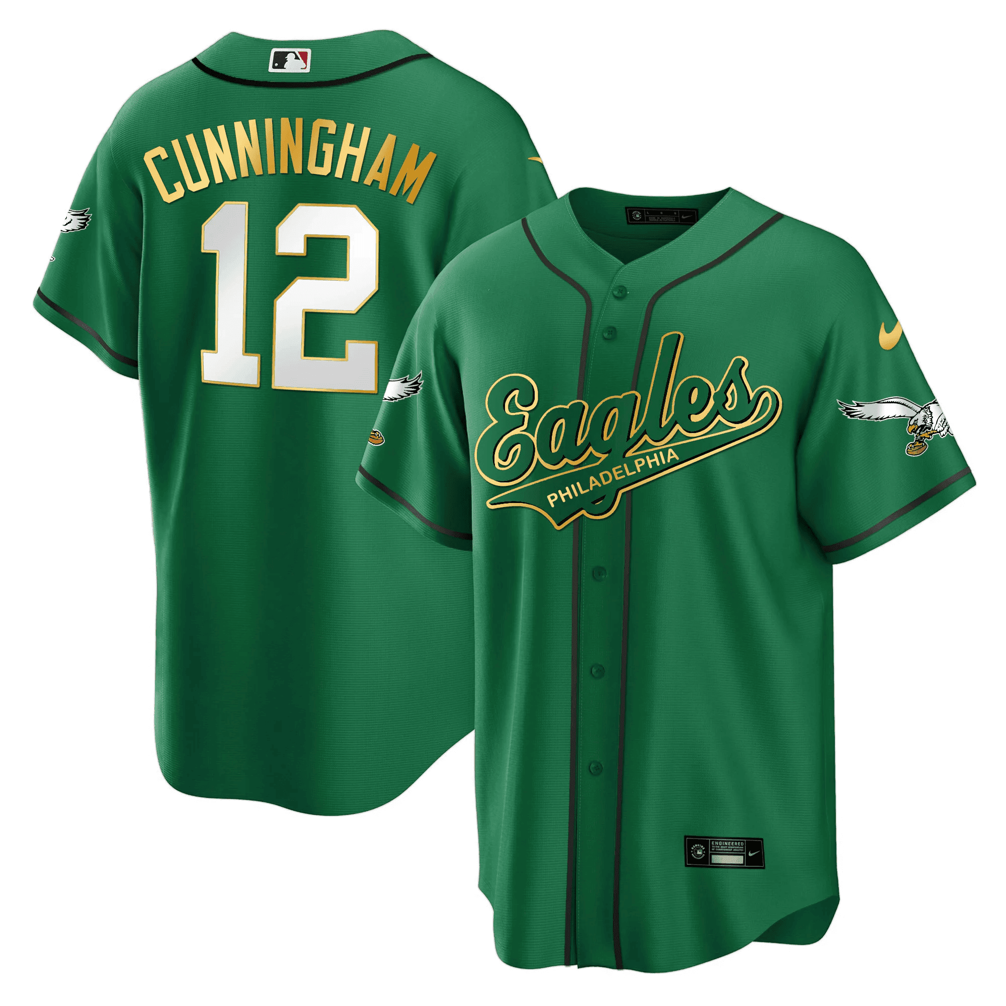 Randall Cunningham 12 Philadelphia Eagles Baseball Men Jersey - Kelly Gold Trim