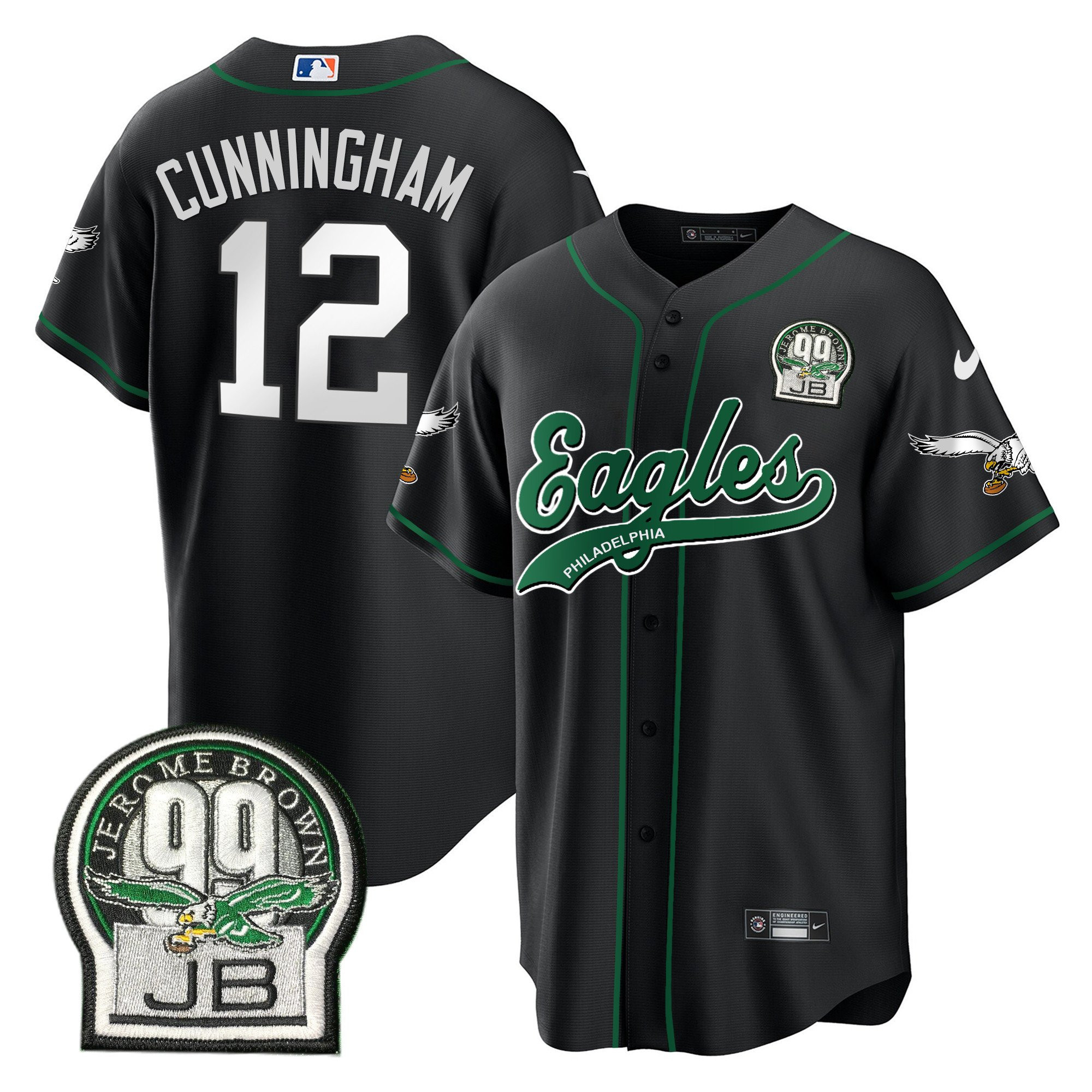 Randall Cunningham 12 Philadelphia Eagles Jerome Brown Retired Patch Baseball Men Jersey - Black